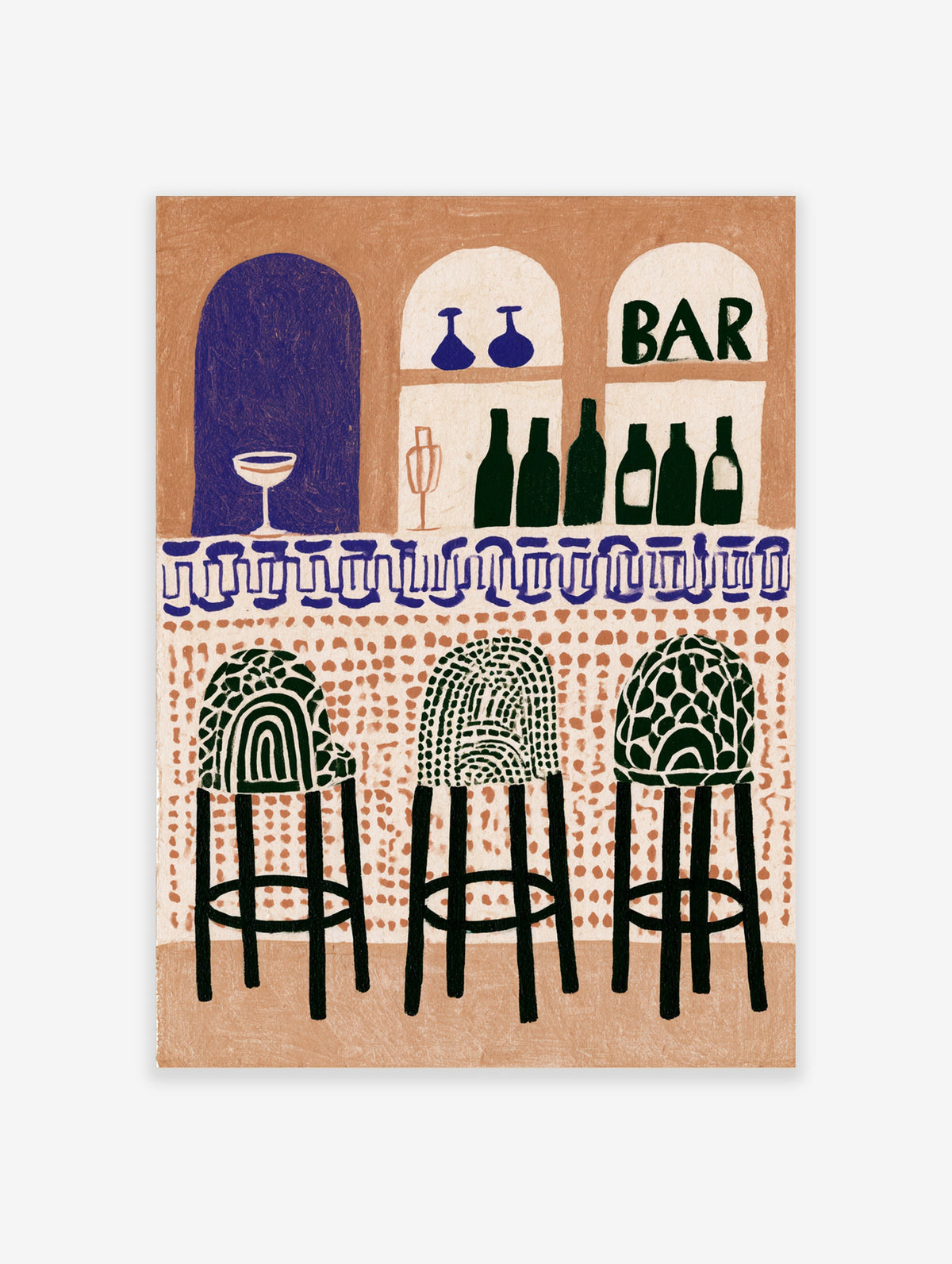 Retro bar poster with three patterned stools, green bottles, and BAR sign on terracotta background
