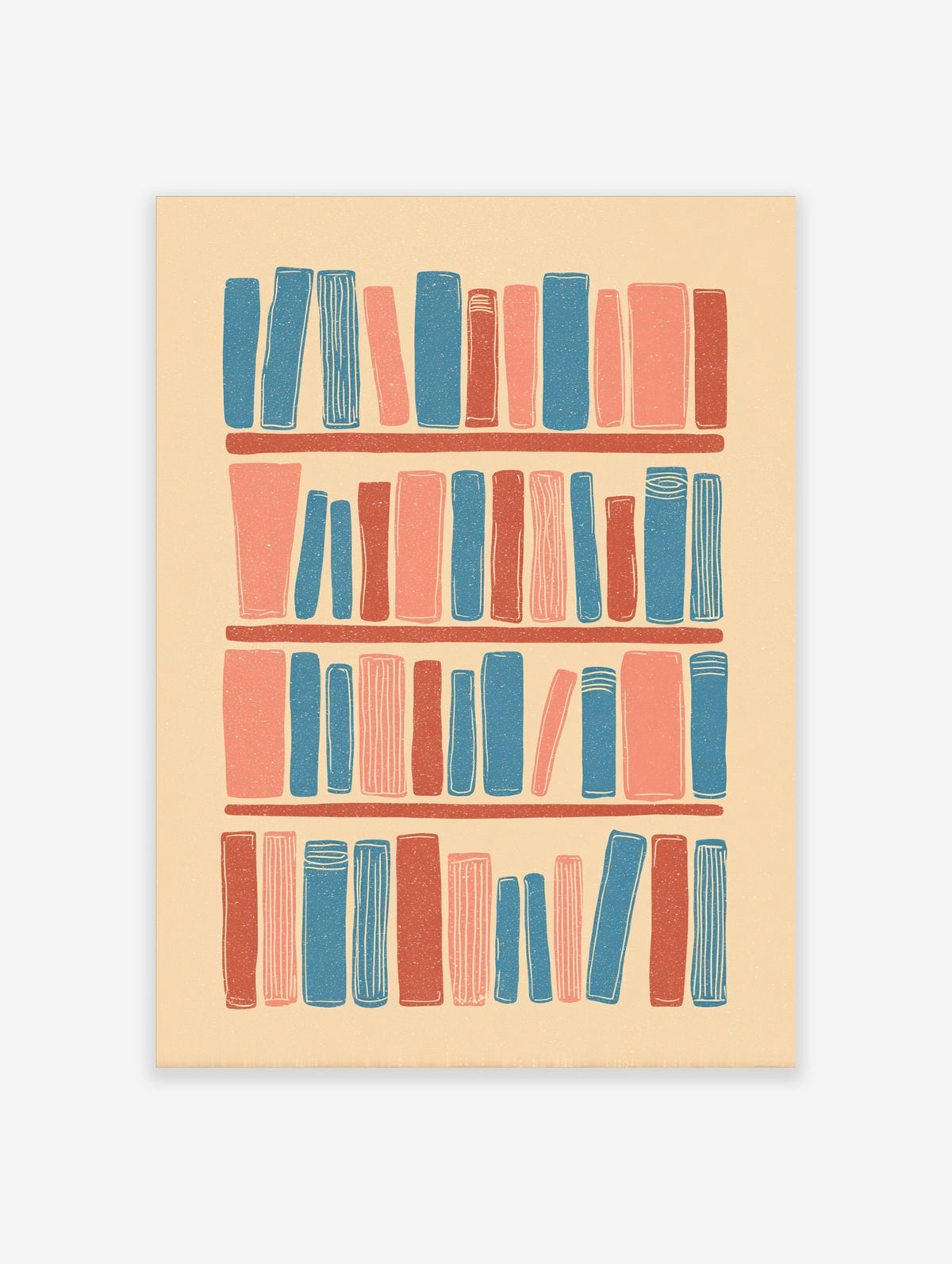 Retro bookshelf art print with hand-drawn blue, pink, and red books on four shelves