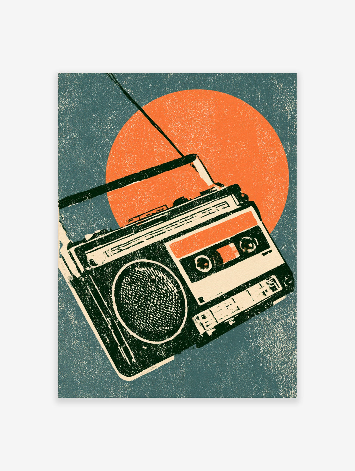Retro boombox poster with orange sun and teal speckled background