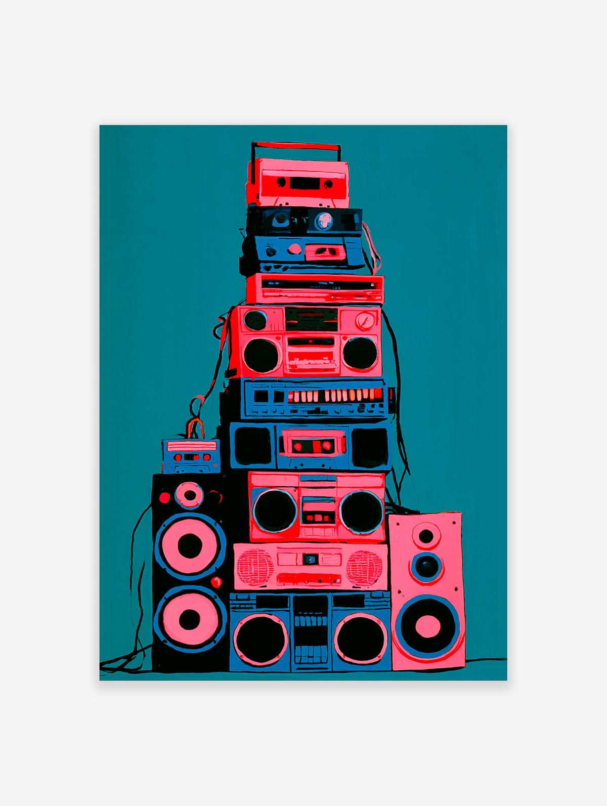 Stack of retro boomboxes and speakers in pink and blue on teal background, illustrative wall art print