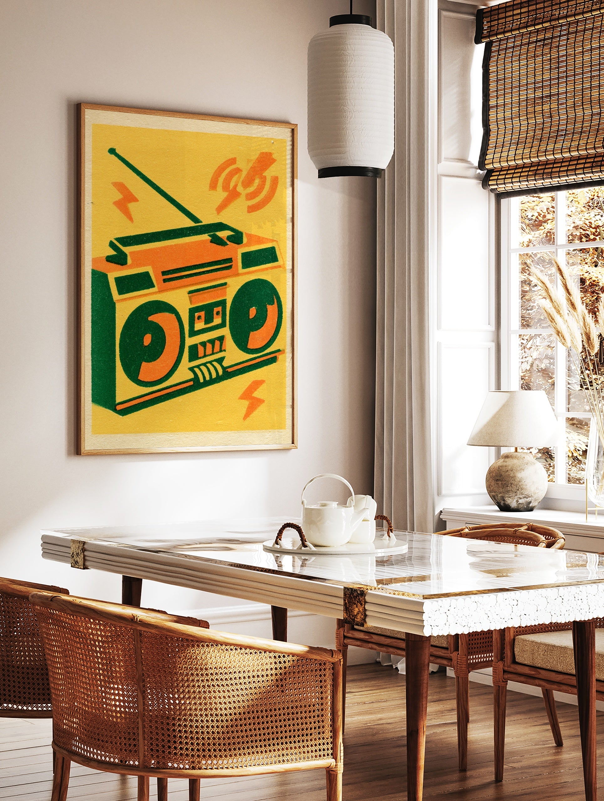 Retro boombox illustration with orange and green details on a yellow background, graphic music art, in a styled room mockup