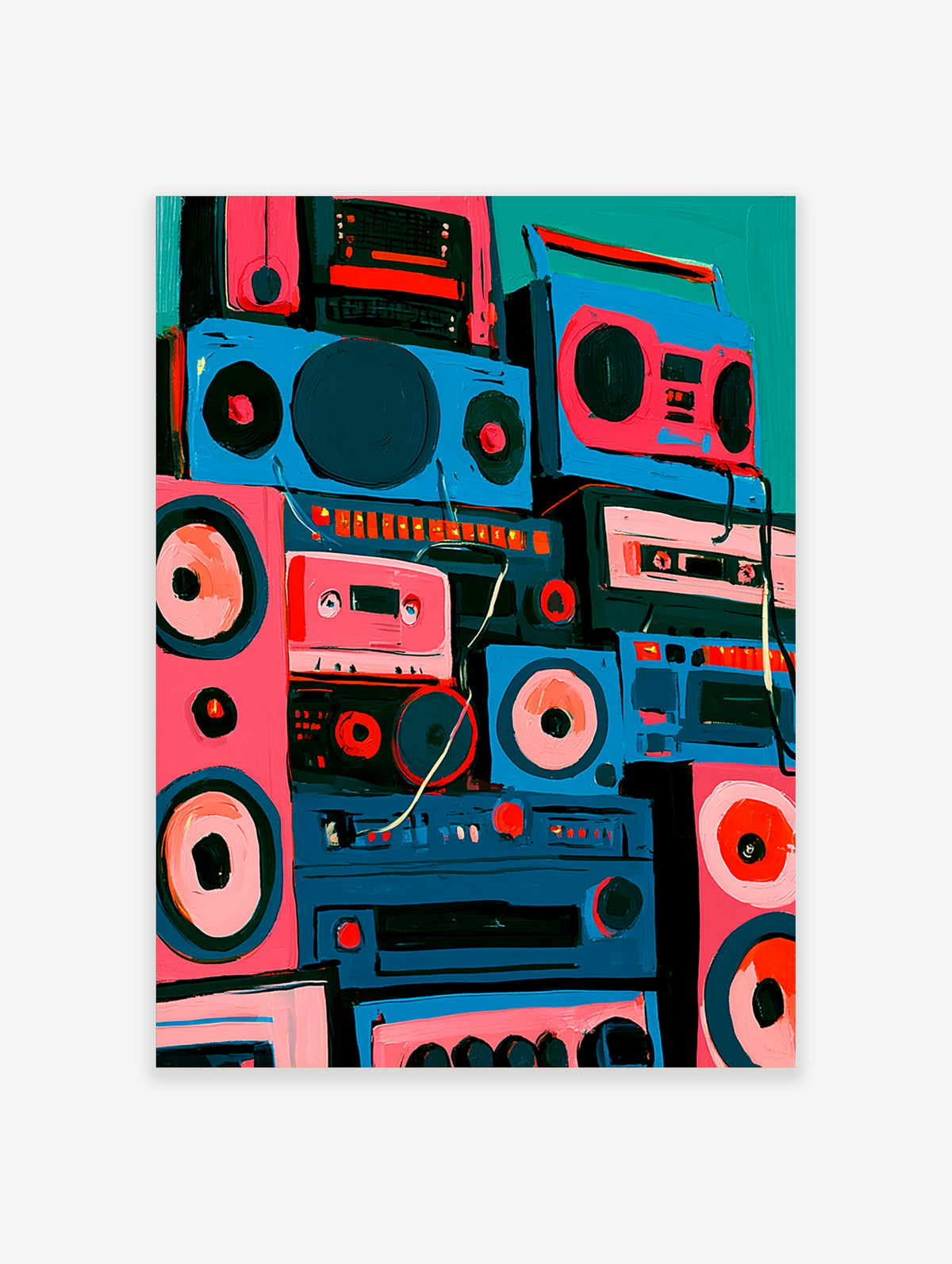 Retro boombox wall art with pink and blue speakers, cassette decks, and white cables on teal background