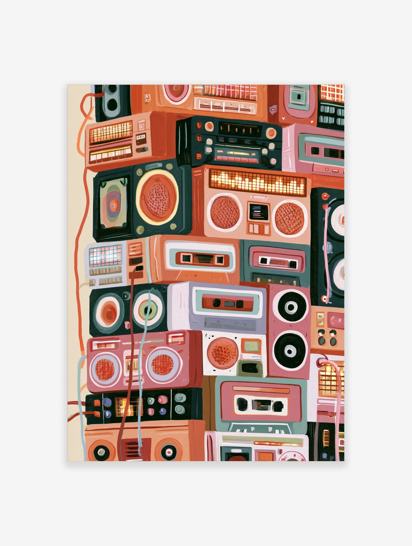 Colourful retro boombox wall art with stacked radios in pink, teal, and orange, featuring speakers and dials