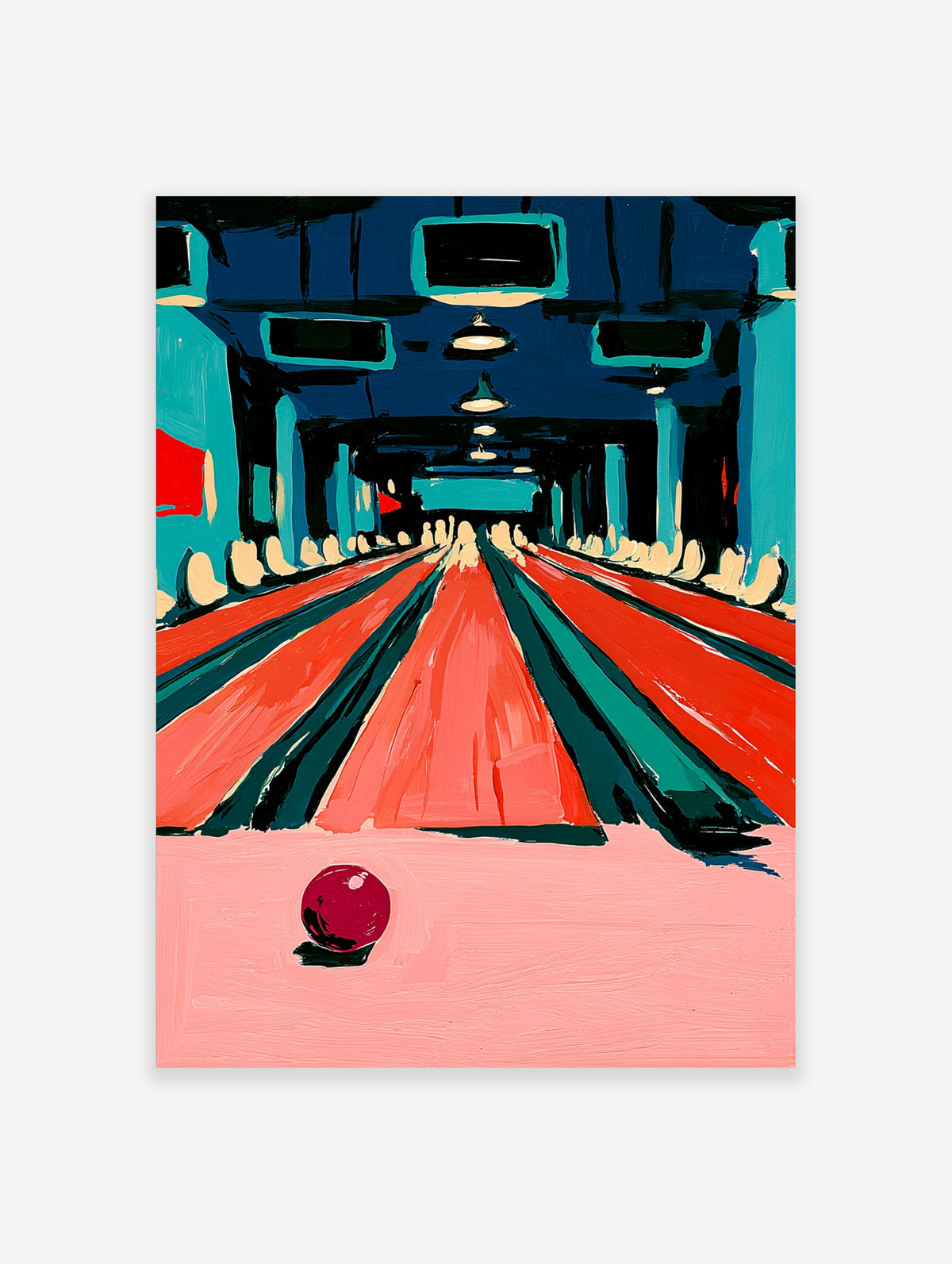 Bowling alley wall art with red lanes, teal pillars, and maroon ball in abstract style