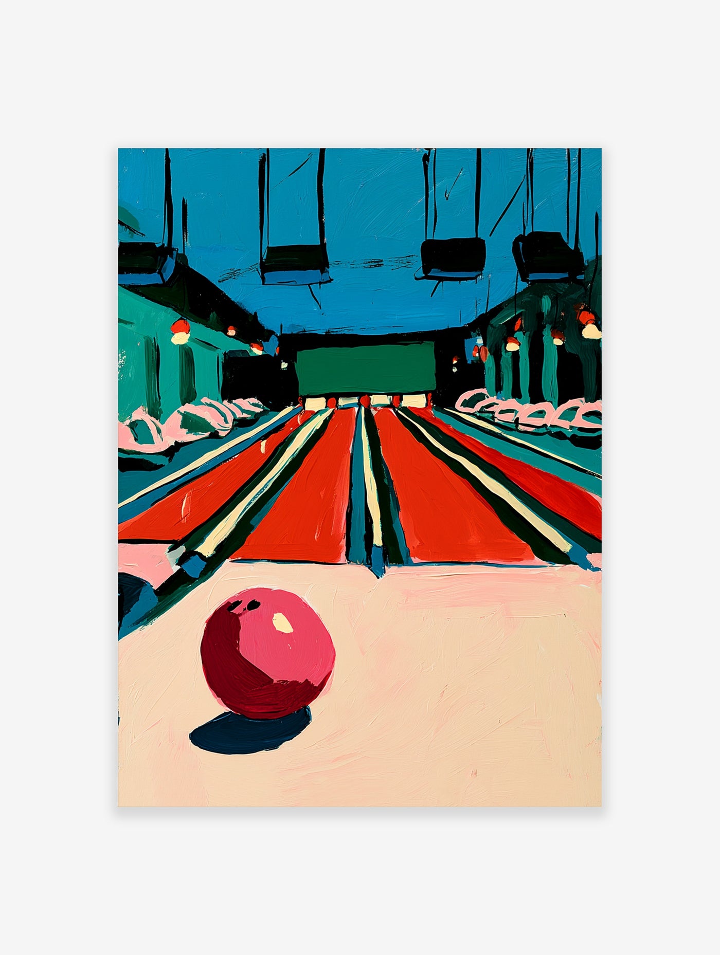 Retro bowling alley art print with pink ball, red lanes, teal walls, and black ceiling fixtures