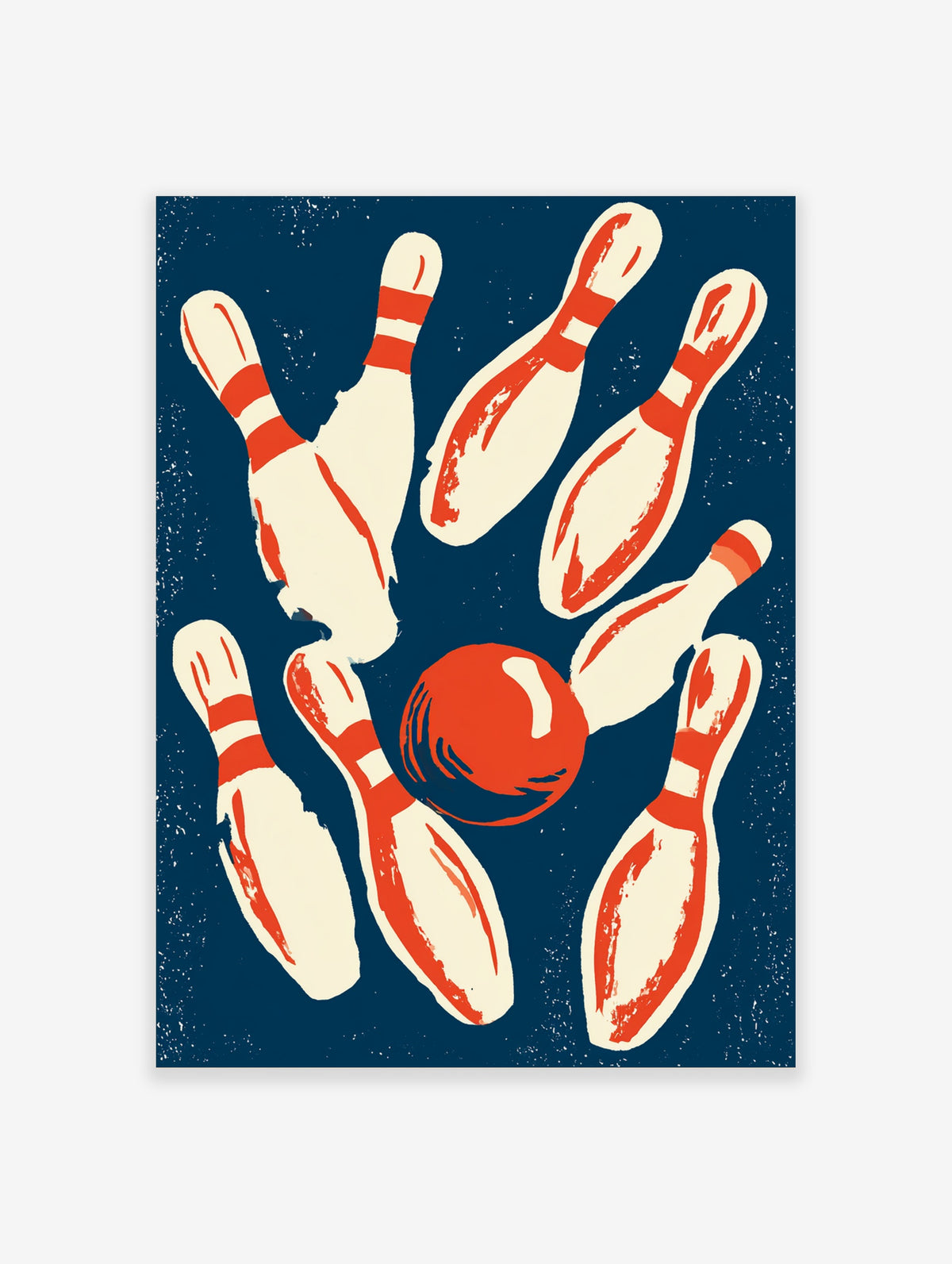 Retro bowling print with red and cream pins and ball on navy background