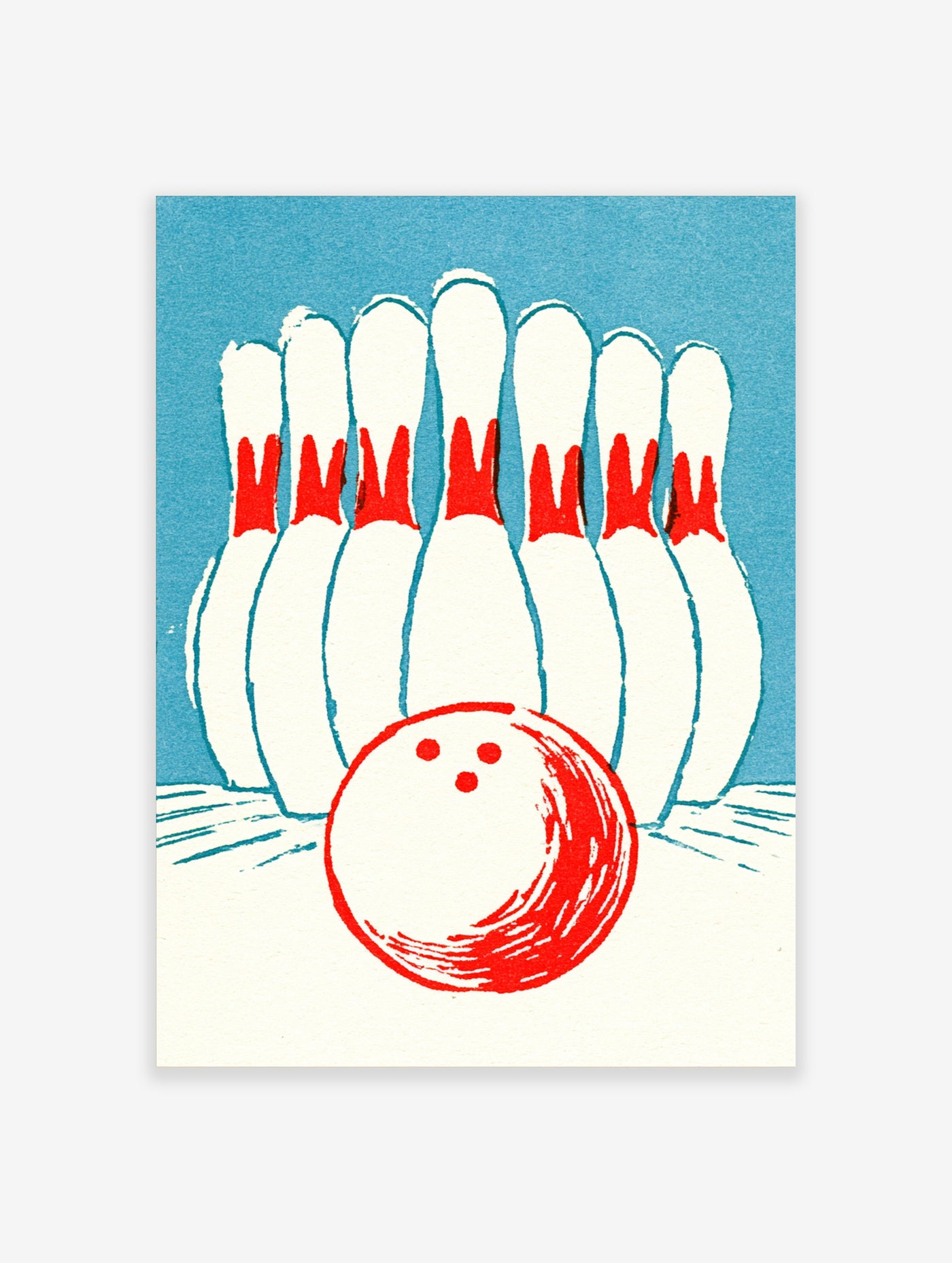 Retro bowling poster with ten white pins and red ball on blue background