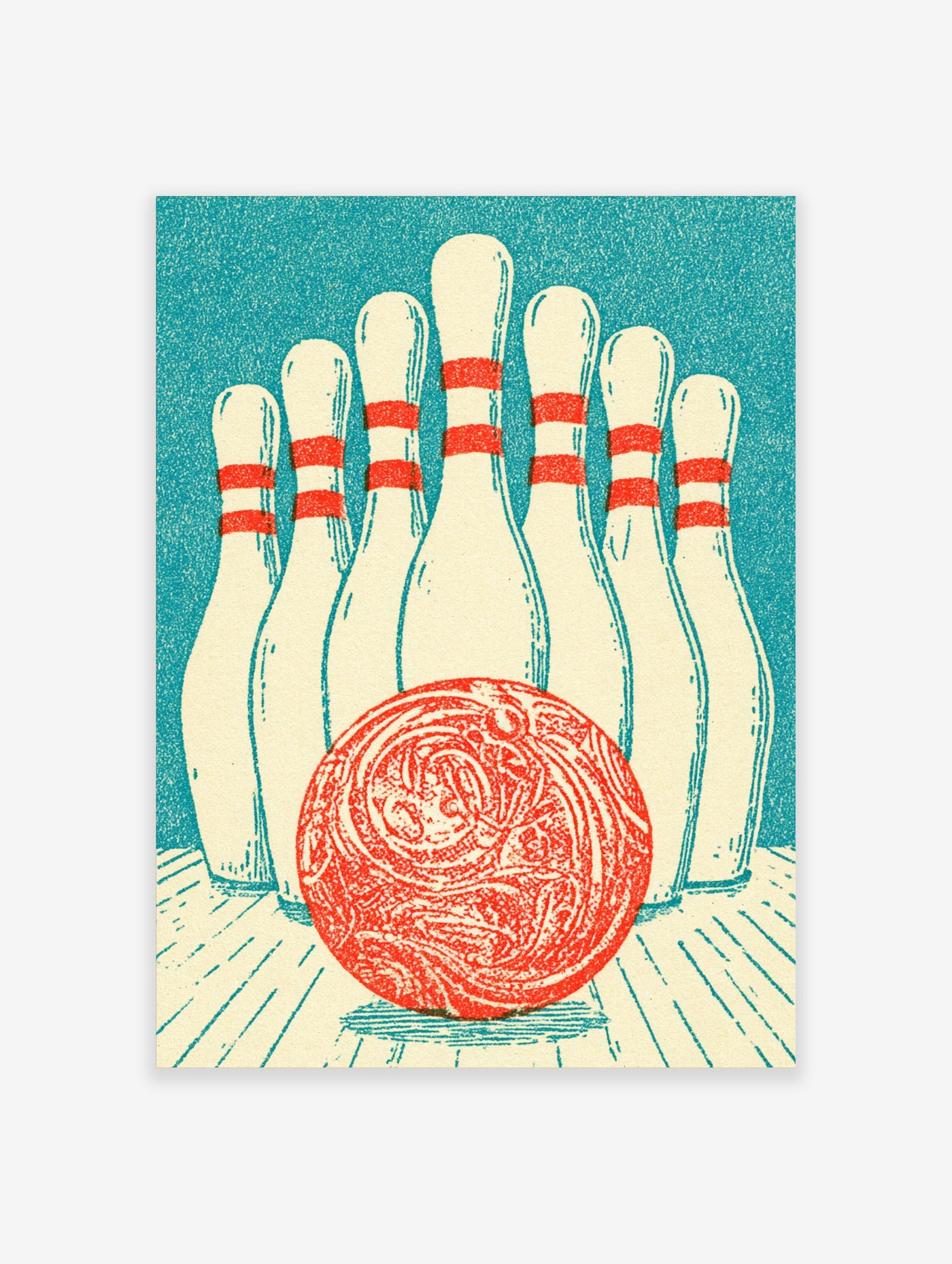 Retro bowling print with red ball and six white pins with red stripes on teal background