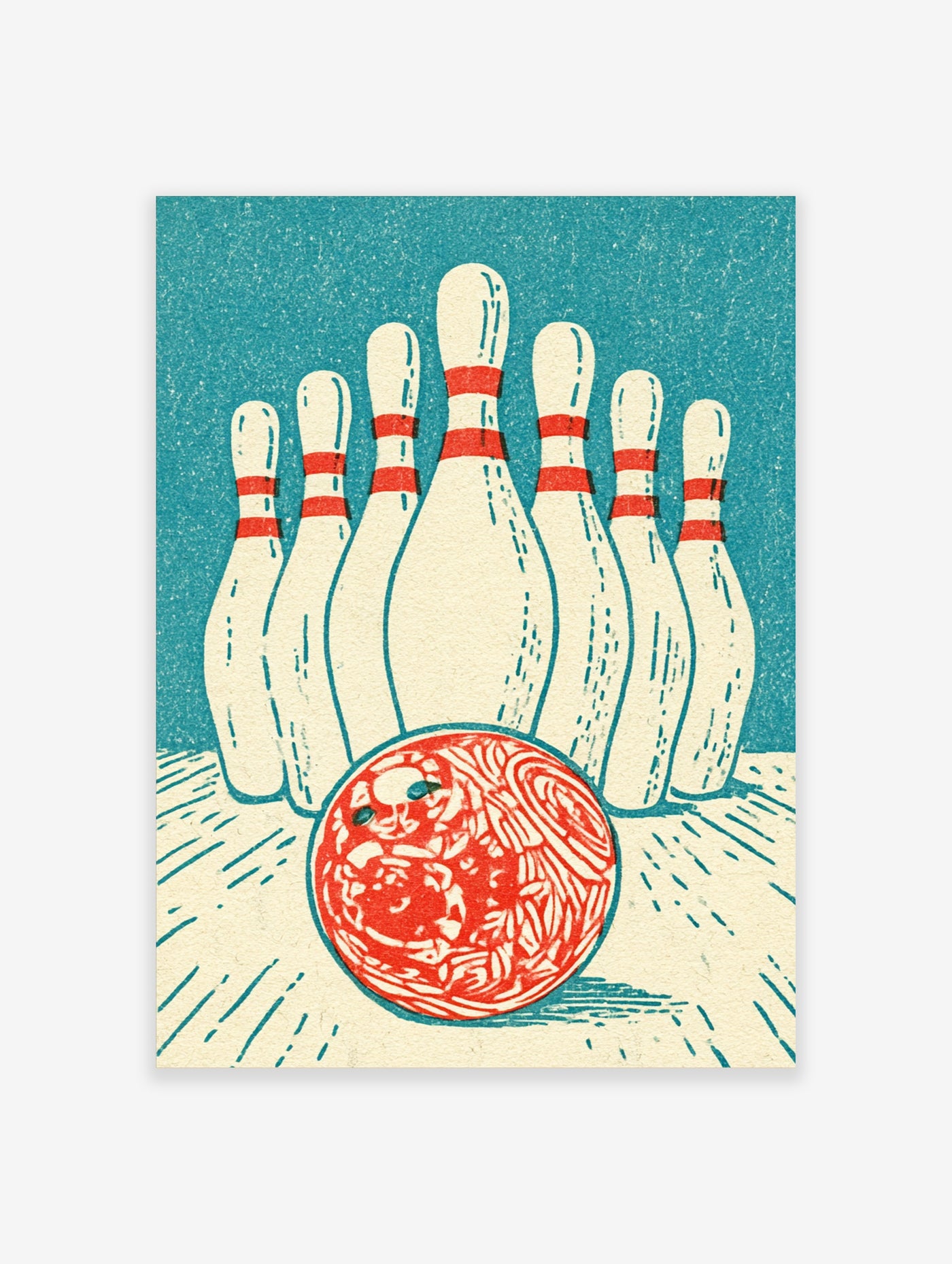 Retro bowling print with red patterned ball and white pins with red stripes on teal background