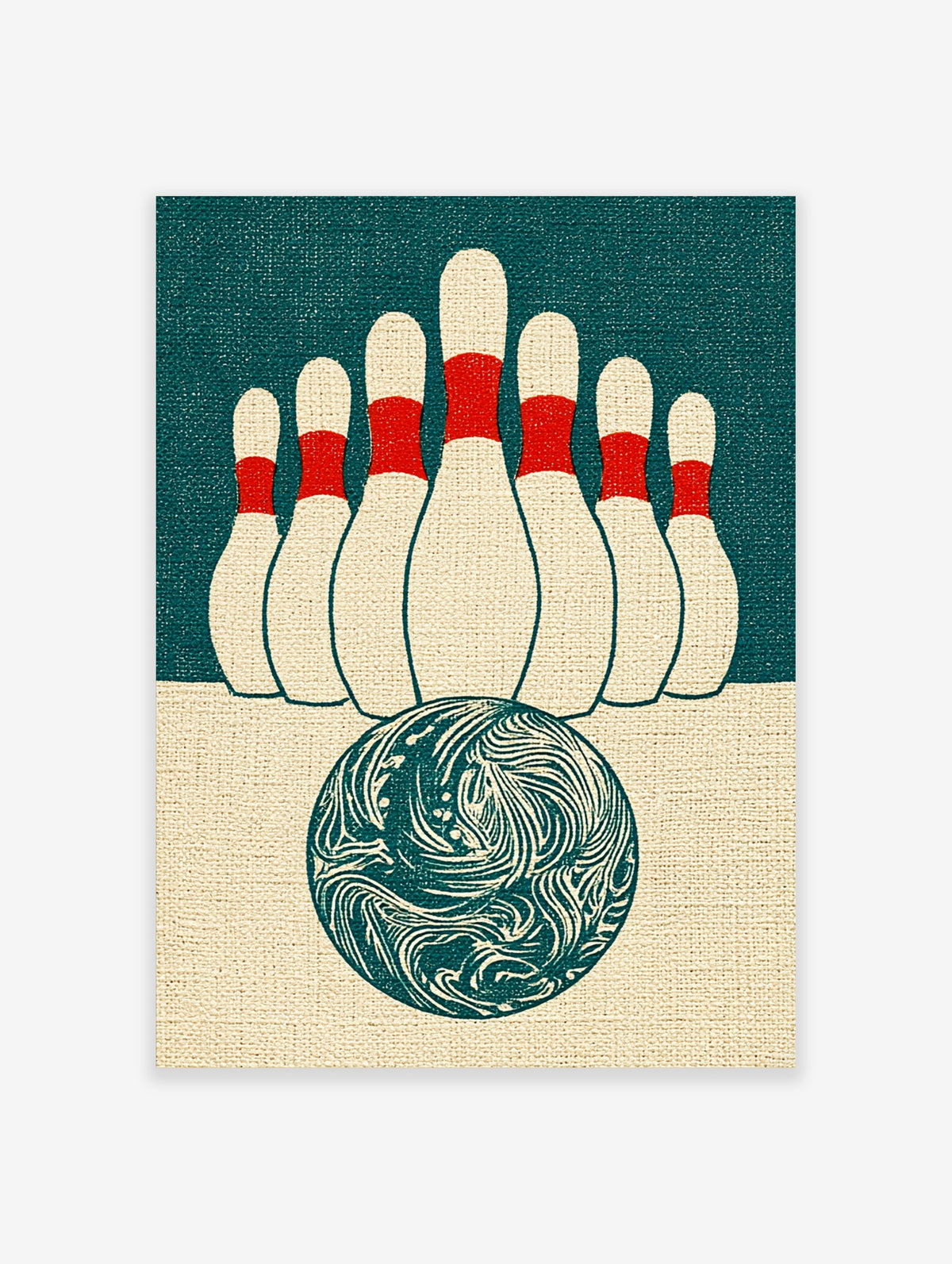 Retro bowling print with ten red-striped pins and swirling teal ball on textured background
