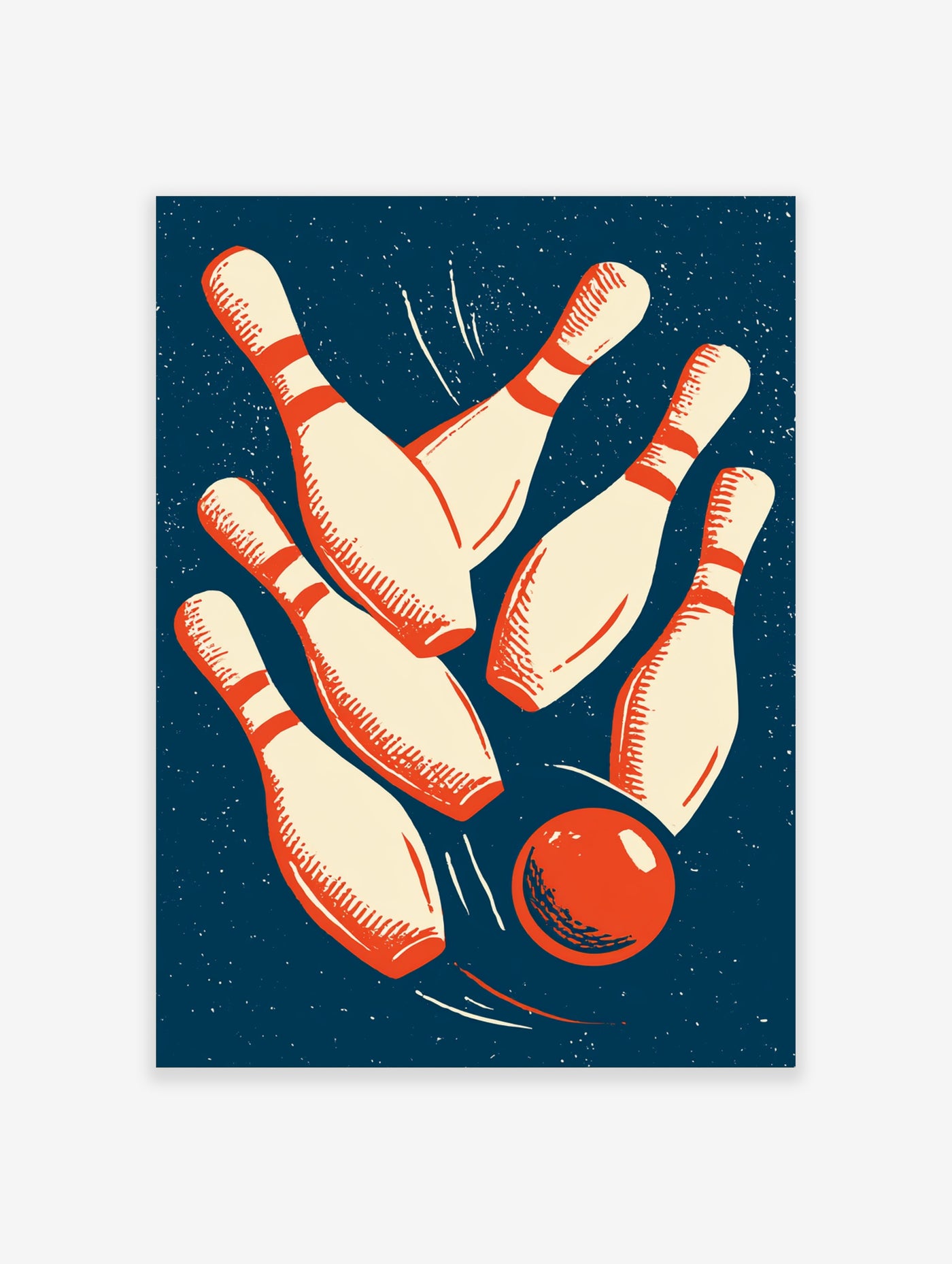 Retro bowling print with cream pins and orange ball on navy background with white speckles
