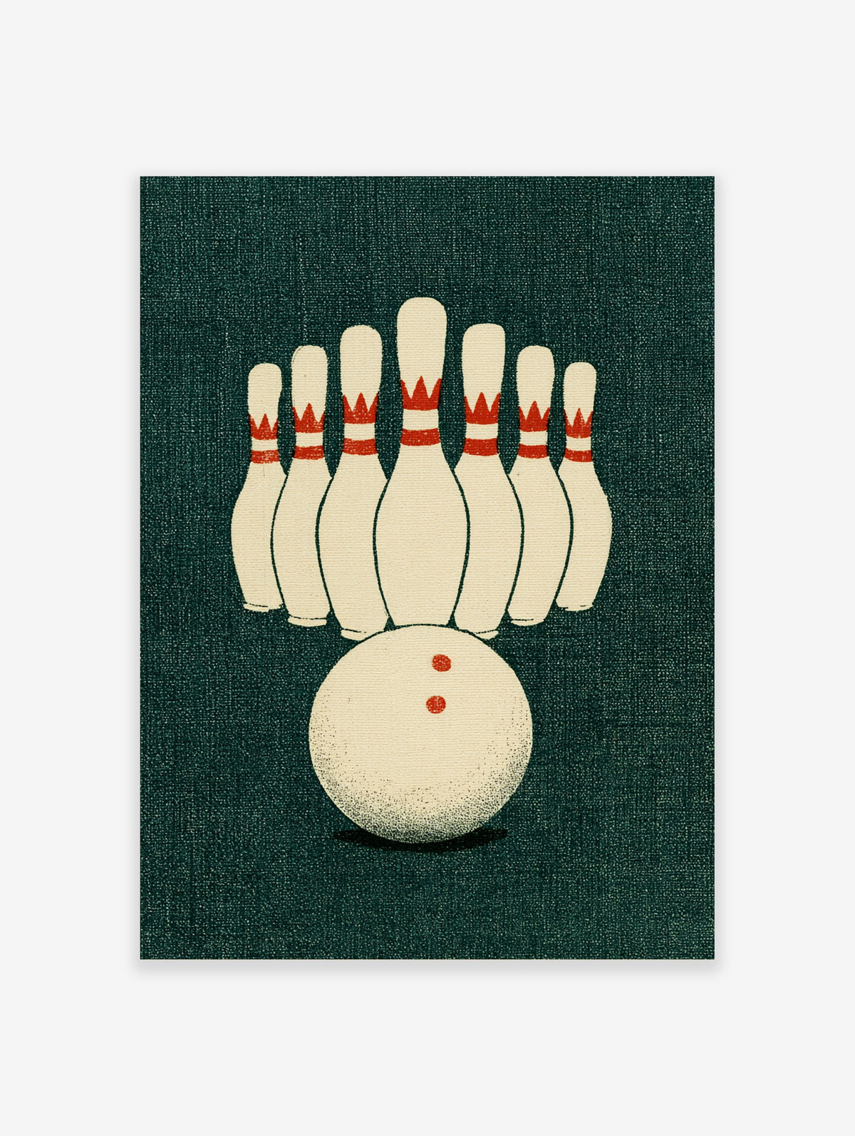 Retro bowling print with ten white pins and red stripes and a ball with two red dots on dark green background