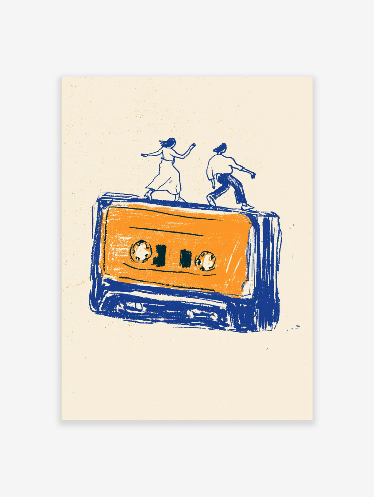 Retro cassette tape poster with two dancing figures on top, blue and orange illustration on cream background