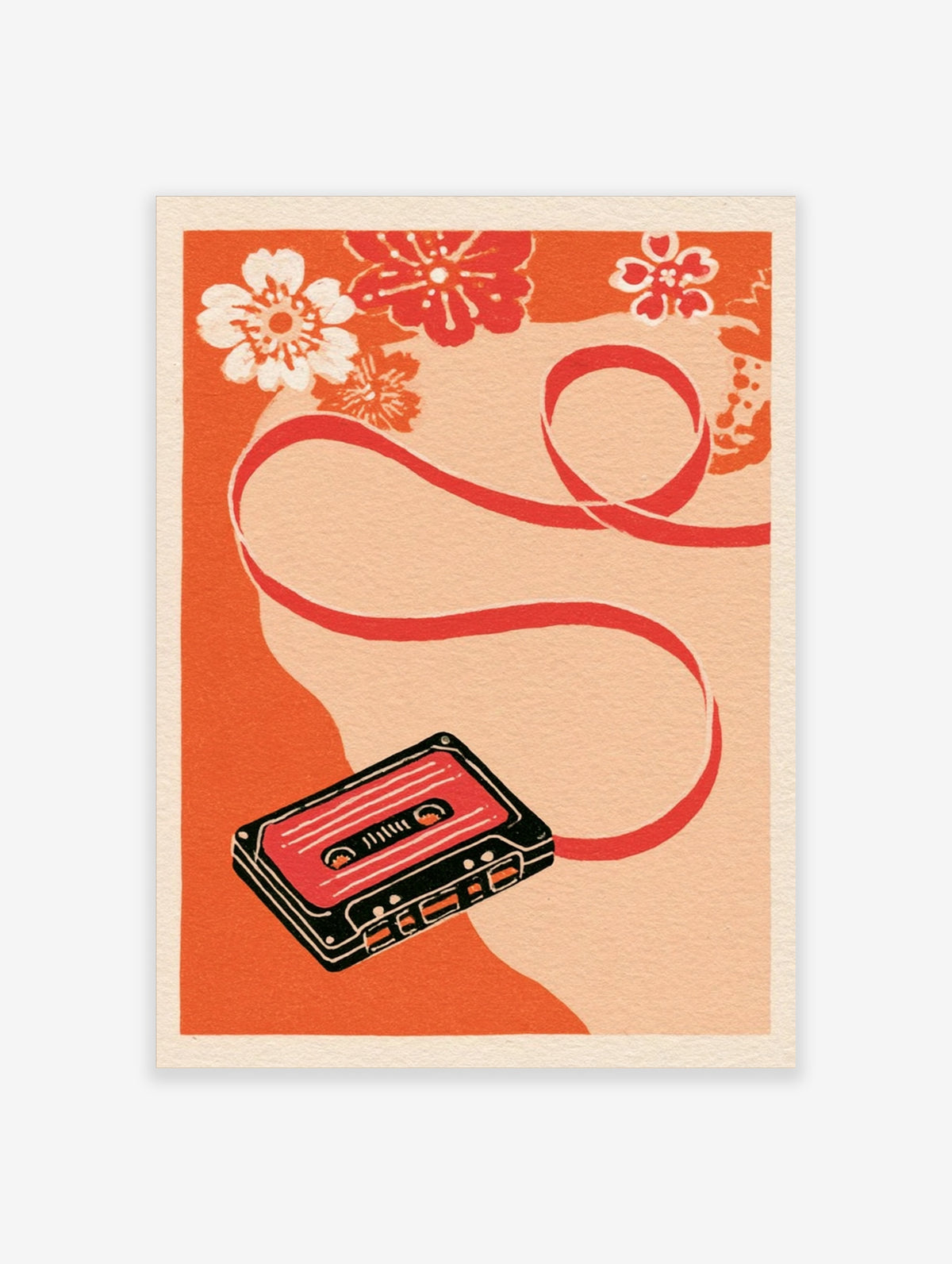 Retro cassette tape poster with red ribbon and orange floral motifs on peach background