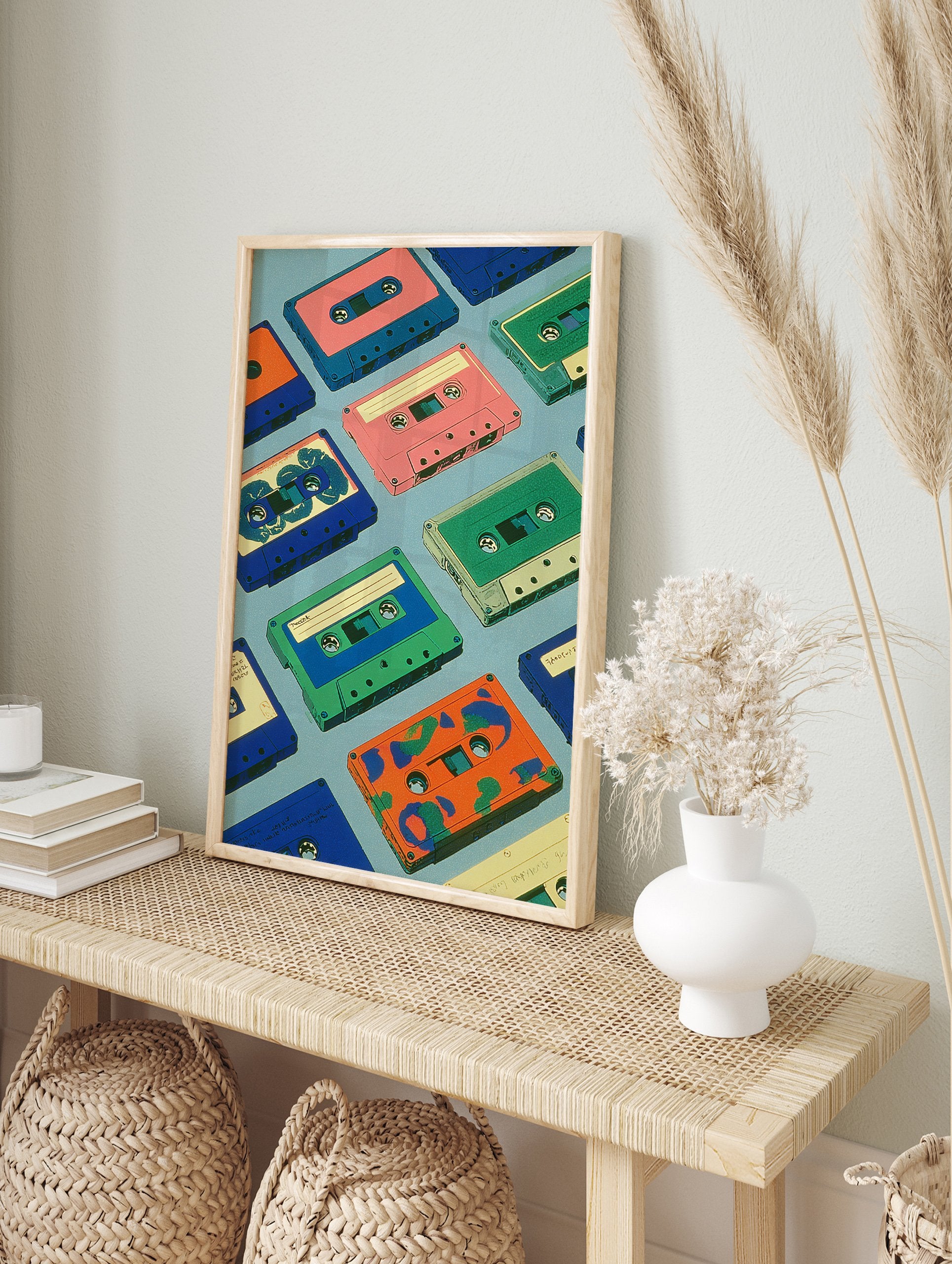 Colorful retro cassette tapes arranged in a pattern on a light blue background, vintage music illustration wall art print - Image 3