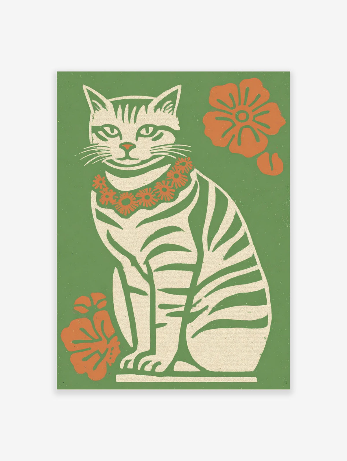Illustrative retro cat wall art print with green stripes, orange flower lei, and green background