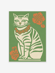 Illustrative retro cat wall art print with green stripes, orange flower lei, and green background