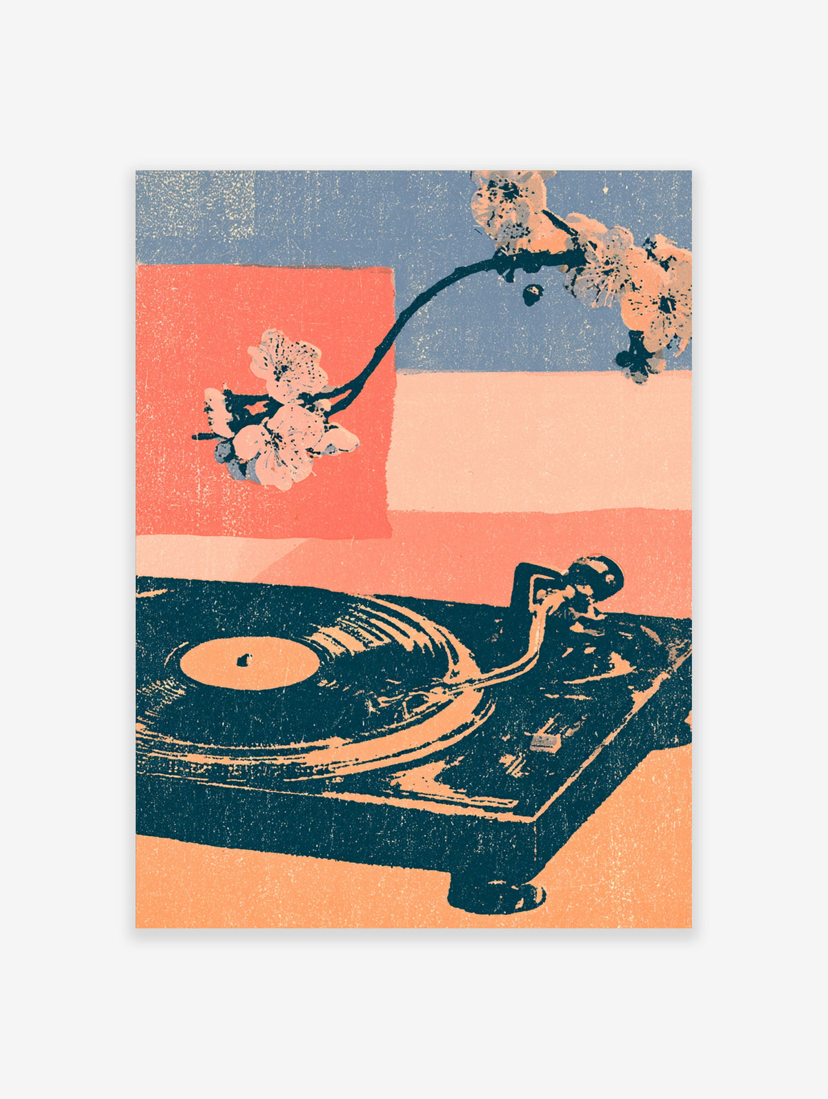 Retro turntable and cherry blossom branch art print with pink and blue colour blocks