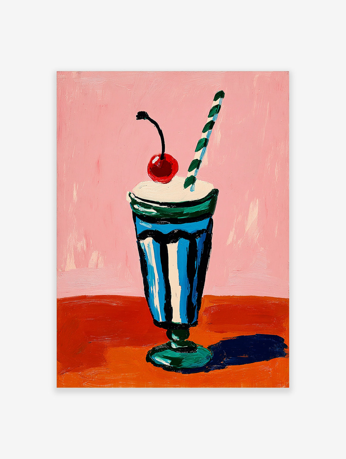 Retro milkshake poster with blue striped glass, red cherry and green straw on pink and orange background