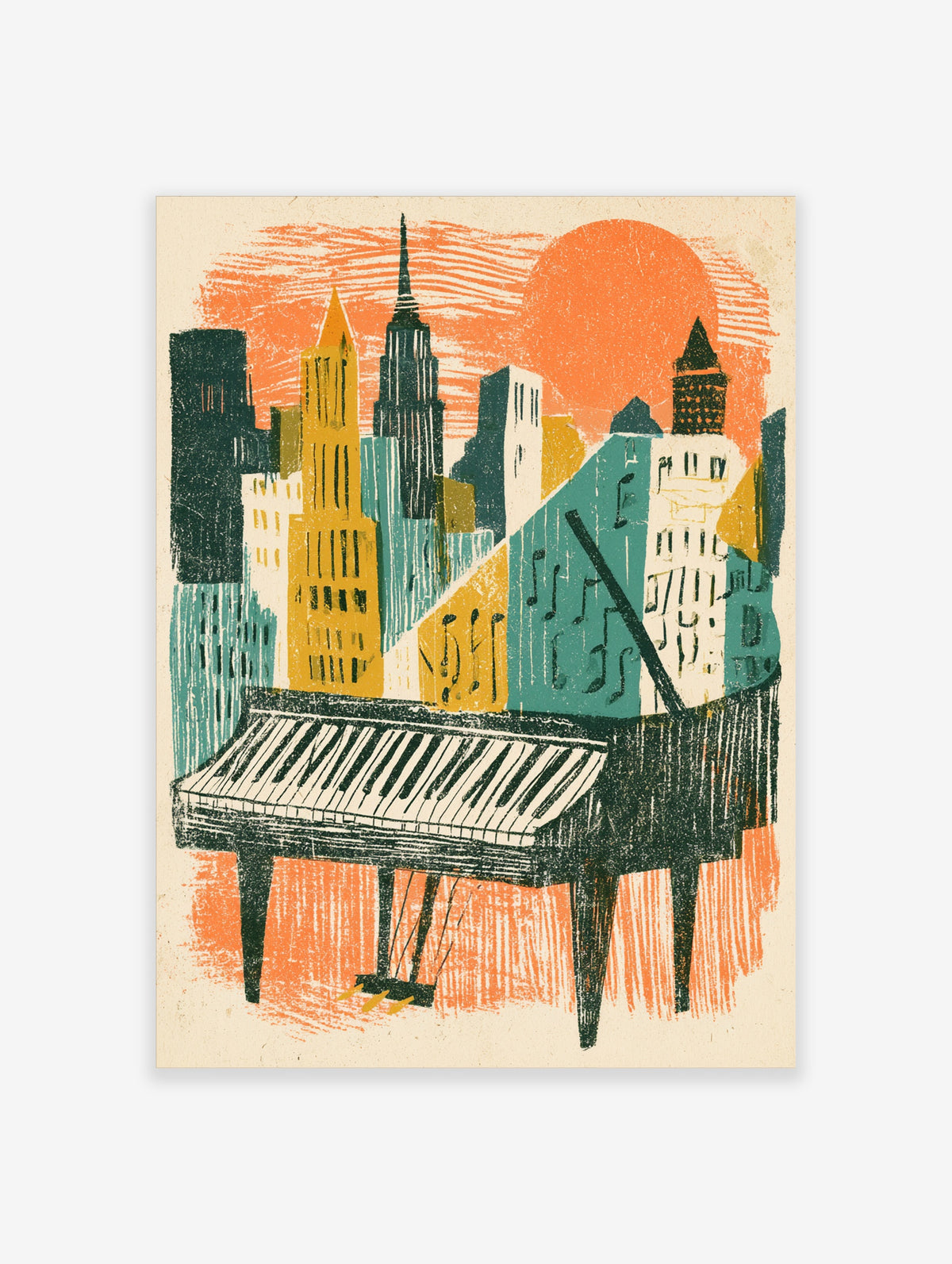 Retro cityscape piano poster with grand piano, jazz notes, and stylised skyline in orange, teal, and mustard