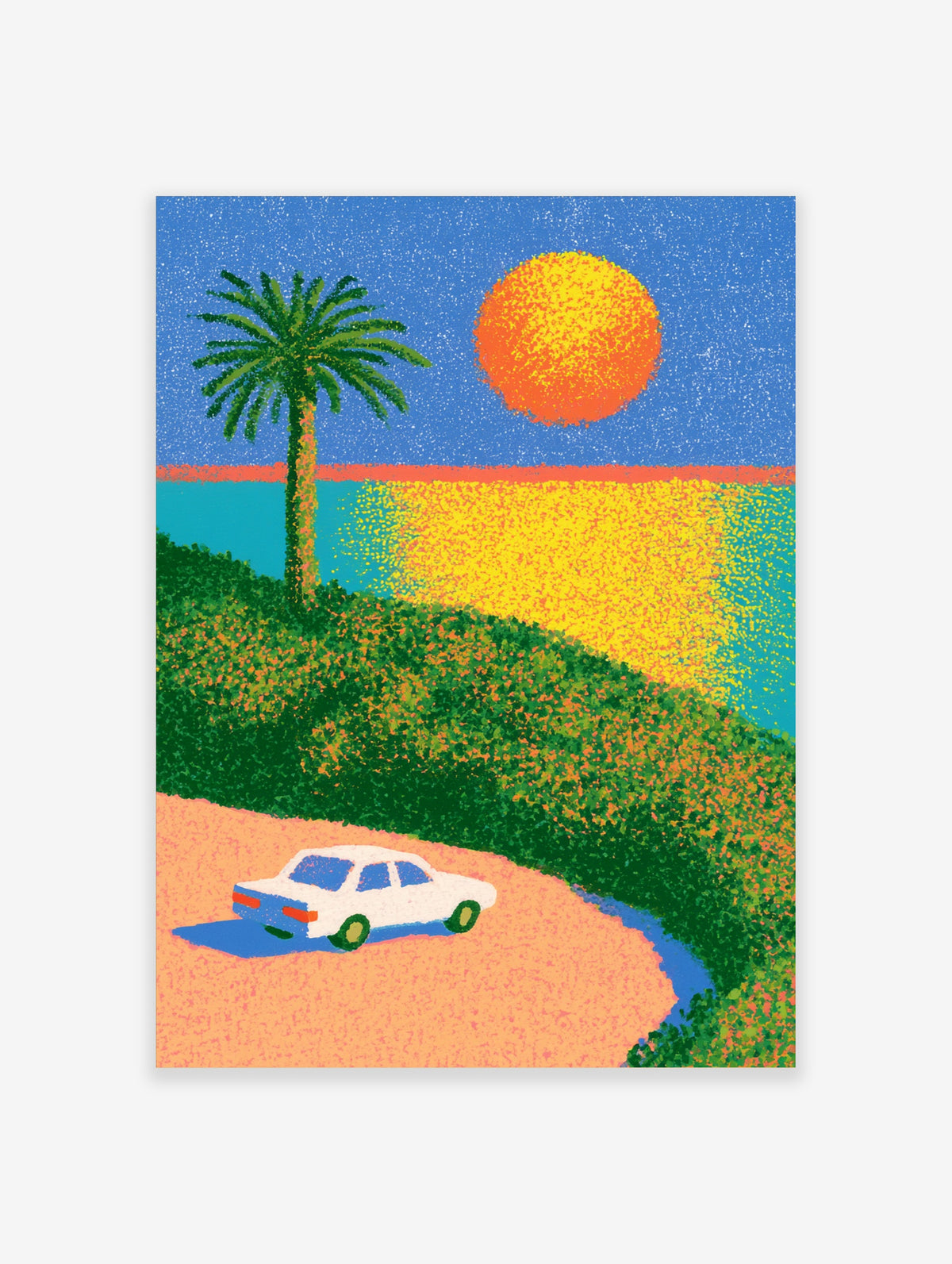 Retro coastal poster with white car, palm tree, orange sun, teal sea, and stippled texture