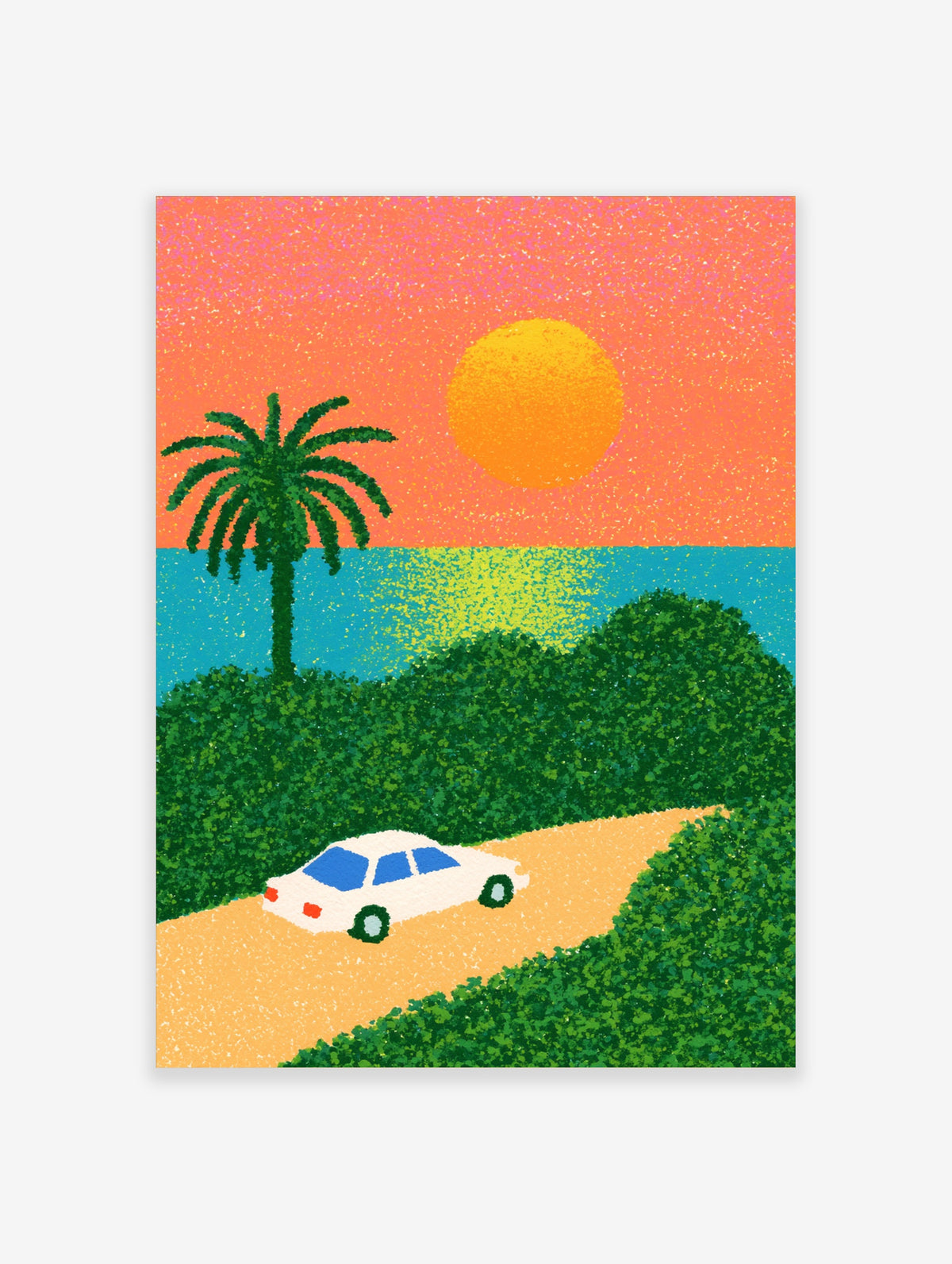 Retro coastal car poster with white saloon, palm tree, orange sun, and teal sea