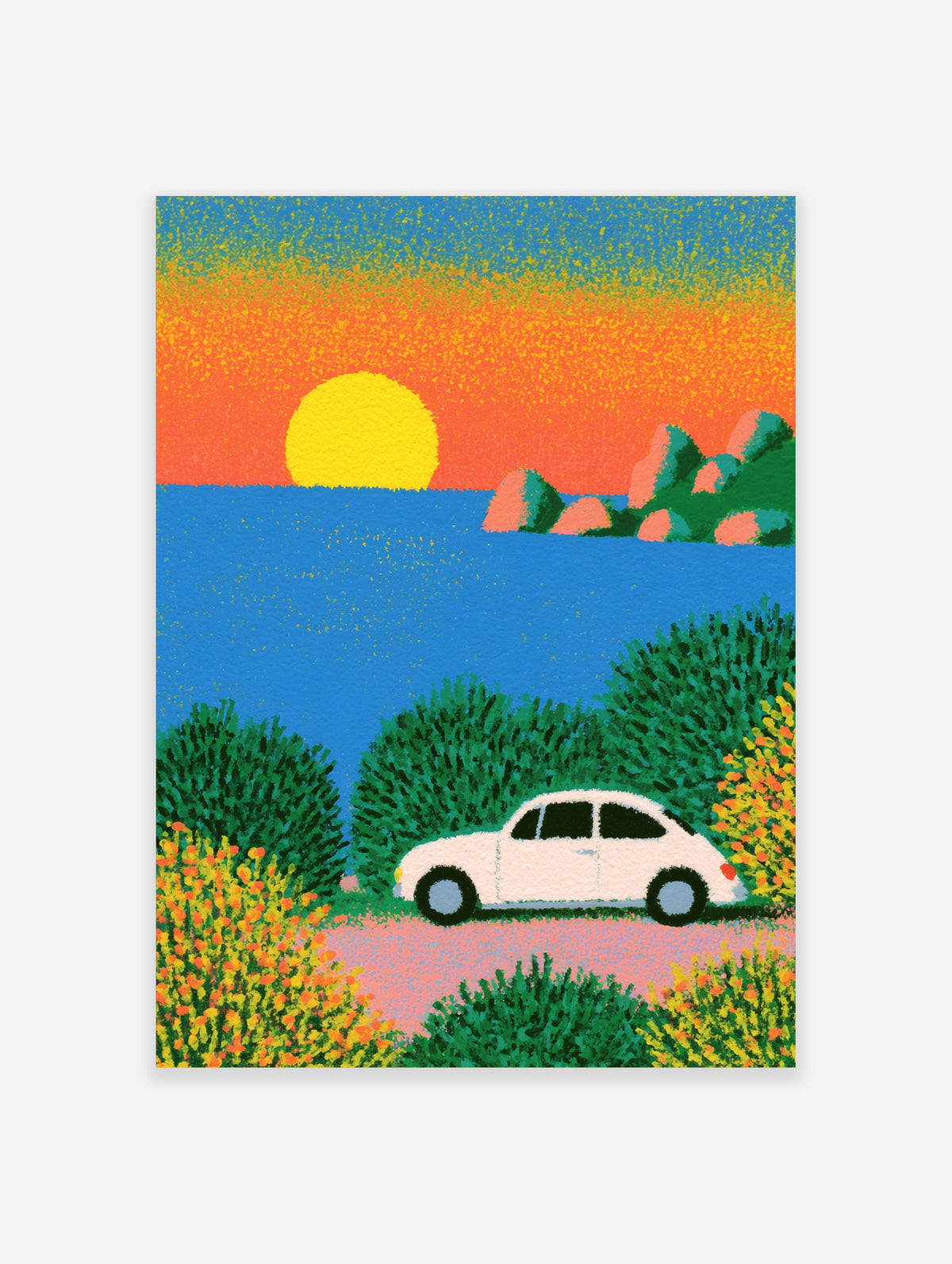 Retro coastal sunset poster with white car, blue ocean, yellow sun, and pink sky