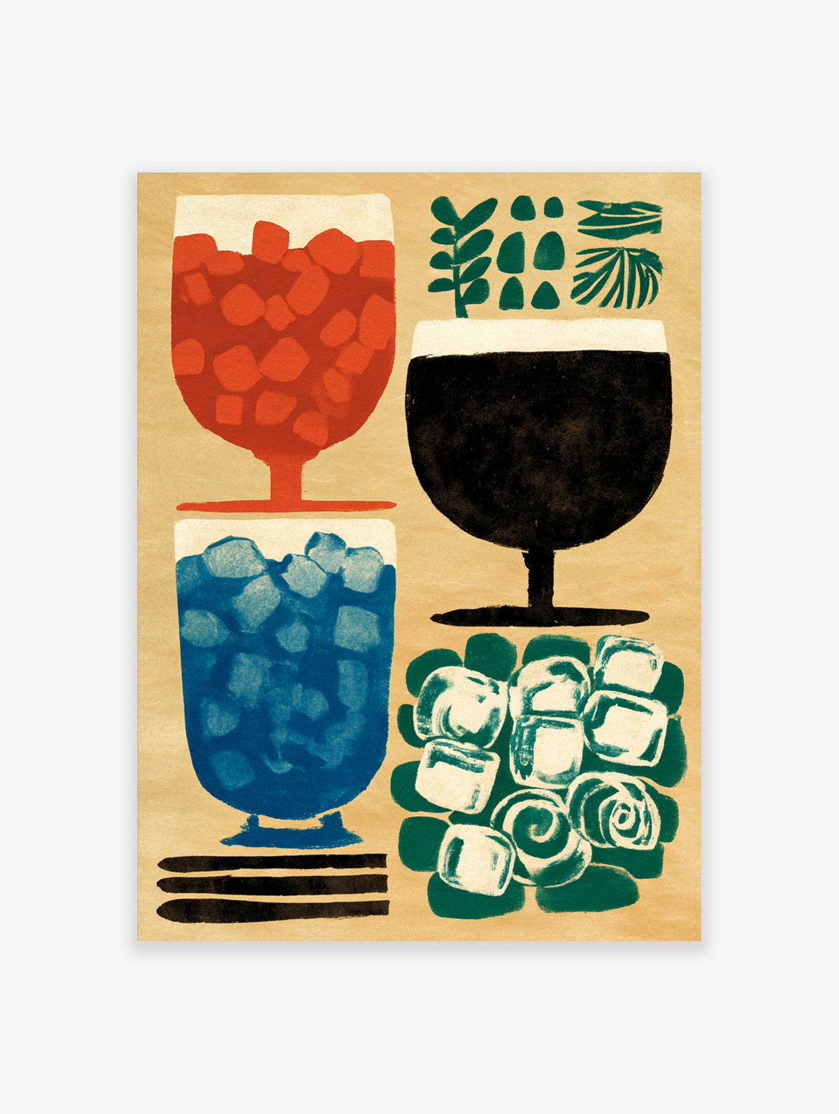 Retro cocktail poster with red, blue, and black drinks, ice cubes, and green botanical shapes on a tan background