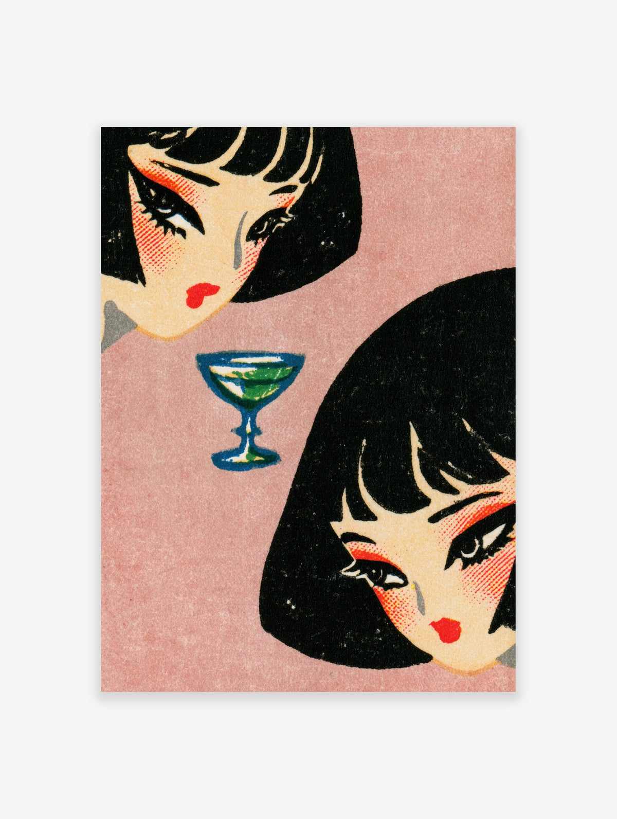 Retro illustration of two women with black bobs and a green cocktail glass on a pink background, 1960s mod art print