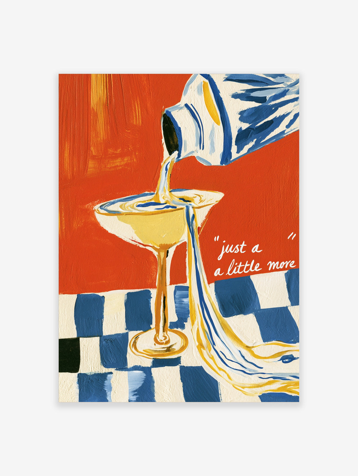 Retro cocktail poster of a blue bottle pouring drink into a glass on a checkerboard floor with text
