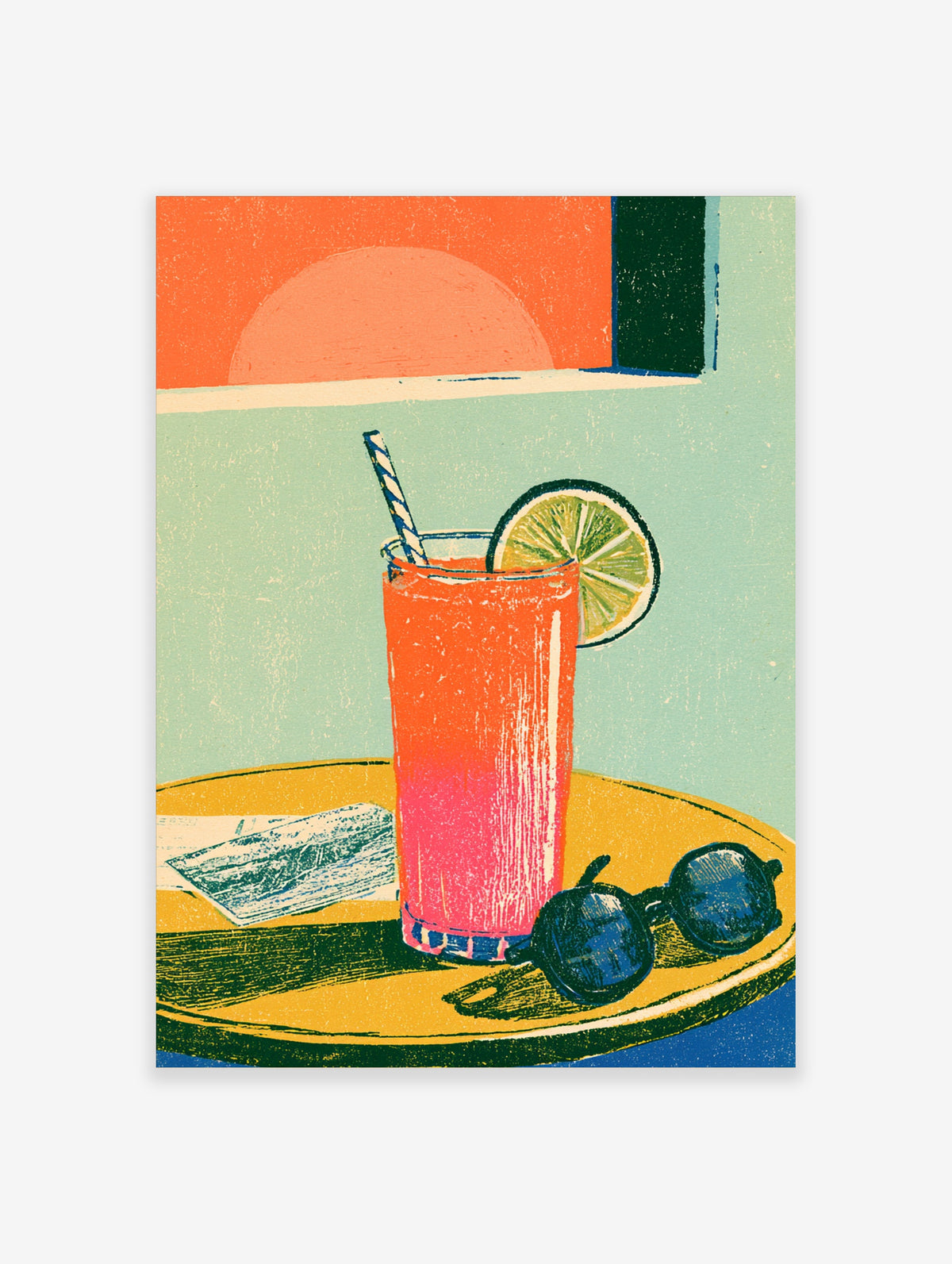 Retro cocktail poster with coral drink, lime wheel, blue straw, sunglasses, and sunset