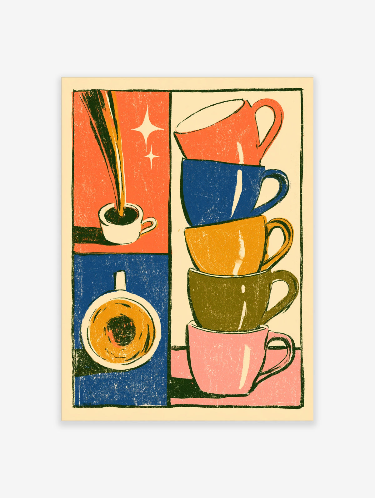 Retro coffee cup stack poster with five colourful mugs, a pouring cup, and a top-down cup view