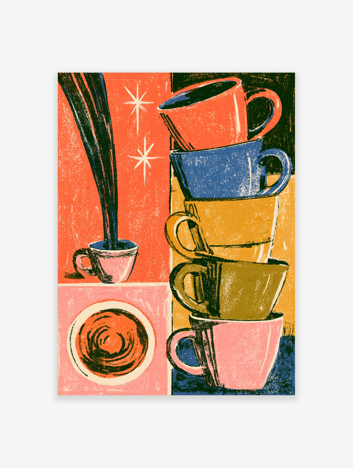 Retro coffee cup stack poster with five colourful mugs, starburst motifs, and pink saucer