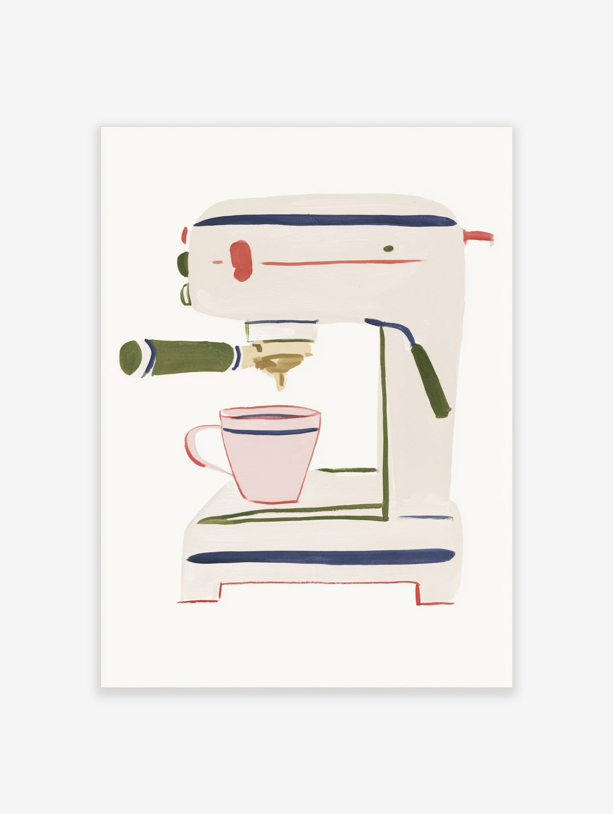 Retro coffee machine poster with white espresso maker, green portafilter, and pink cup on cream background