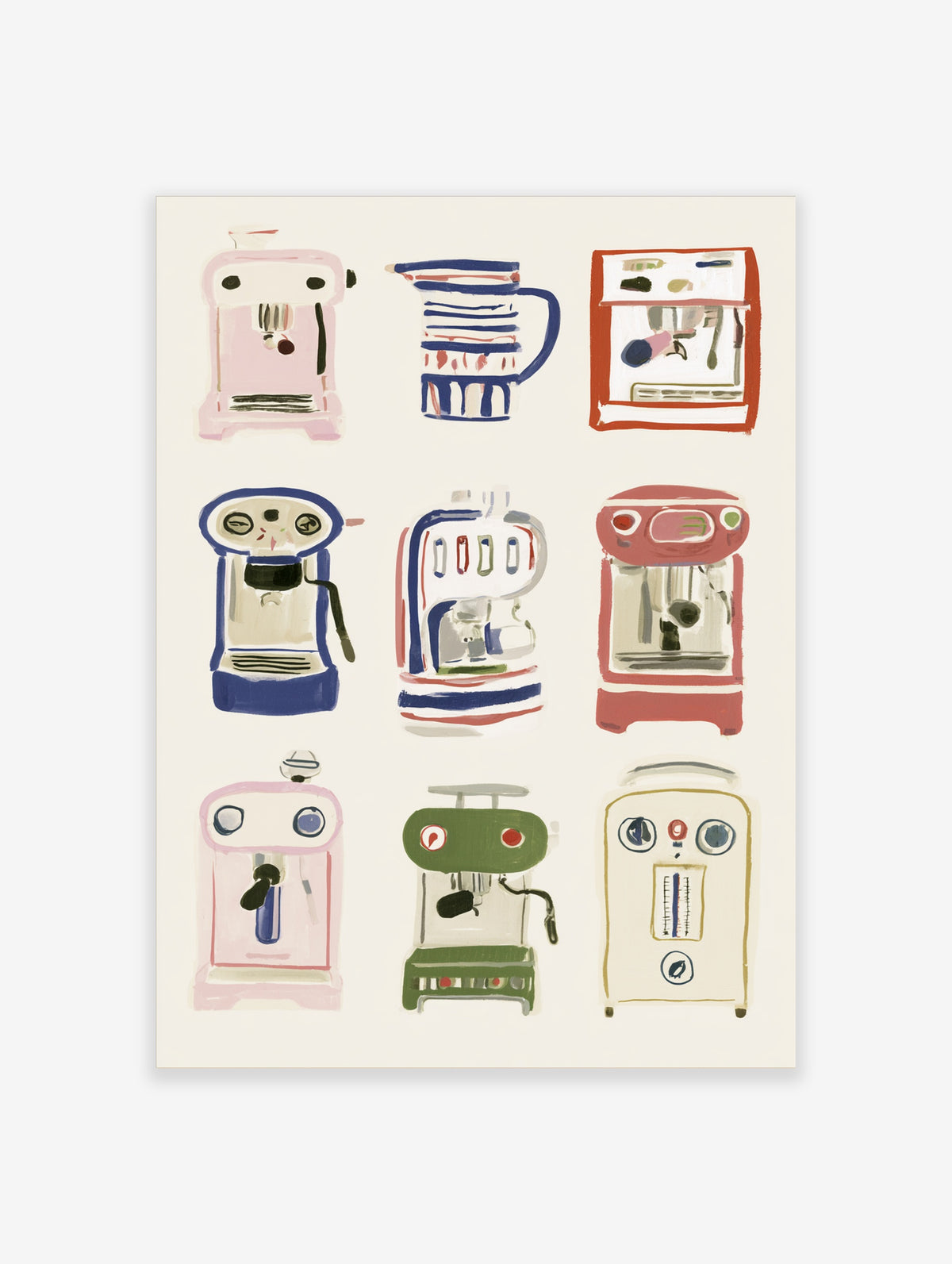 Nine retro coffee machine illustrations in a grid on cream background, colourful kitchen wall art print