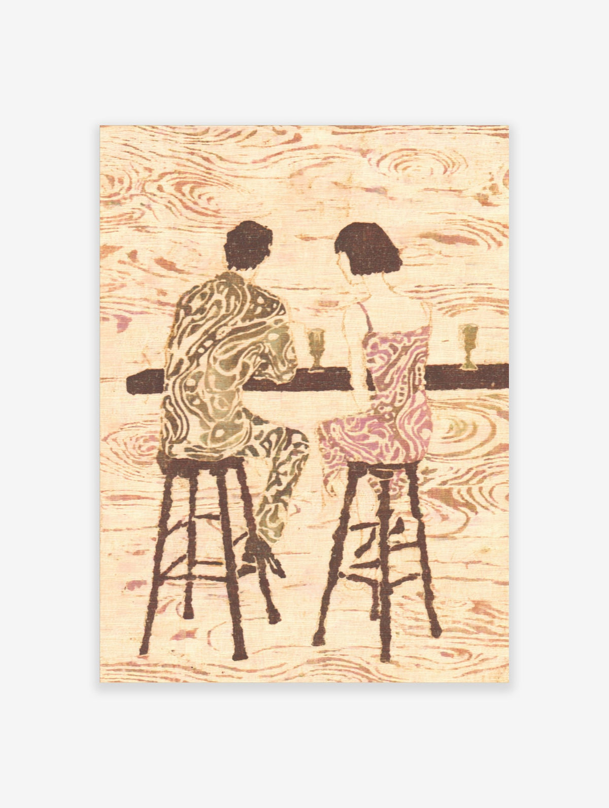 Retro illustrative art print of a couple with patterned clothes sitting at a bar with drinks, seen from behind