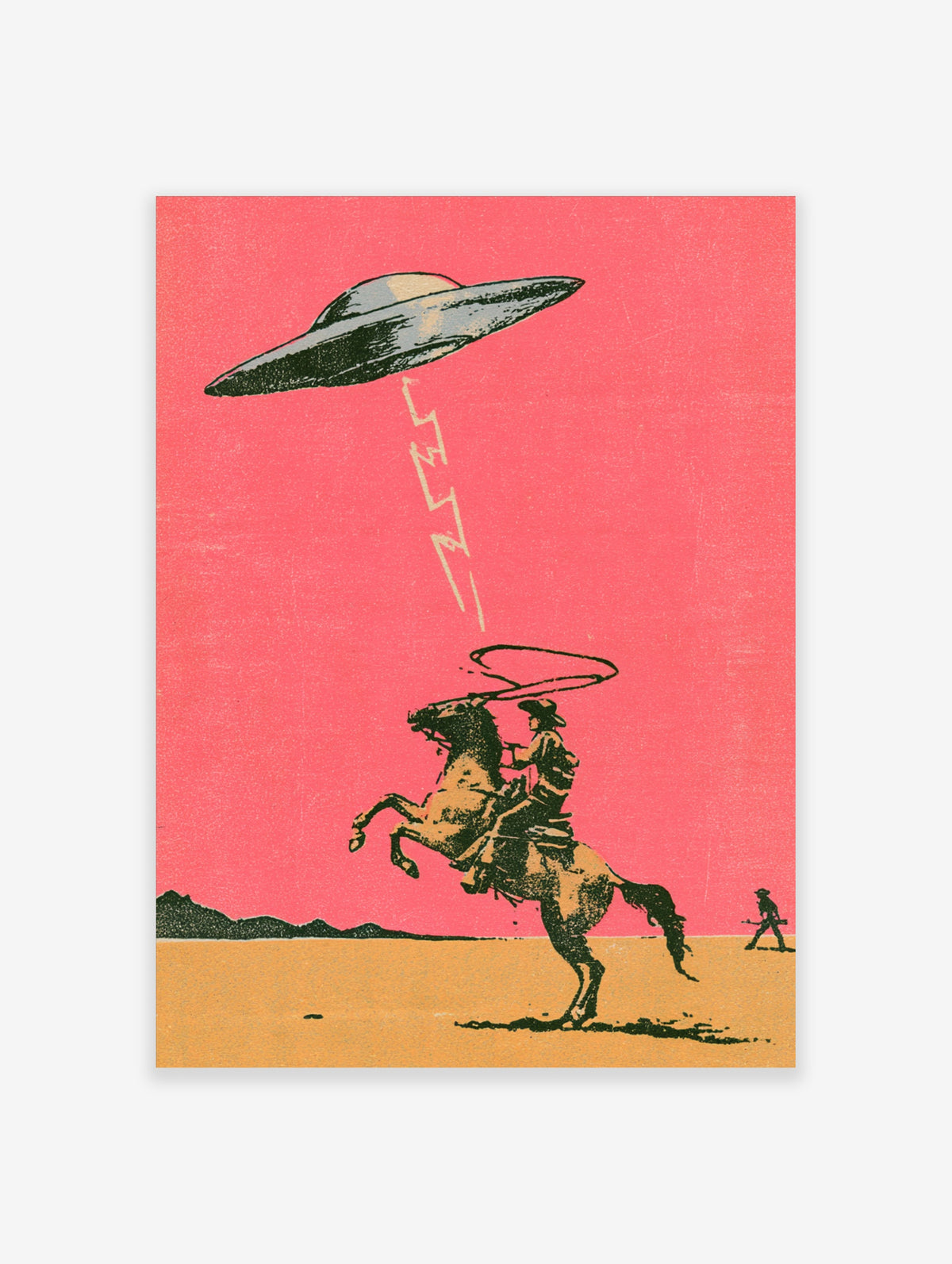Retro sci-fi western poster of a cowboy on a rearing horse lassoing a UFO under a pink sky