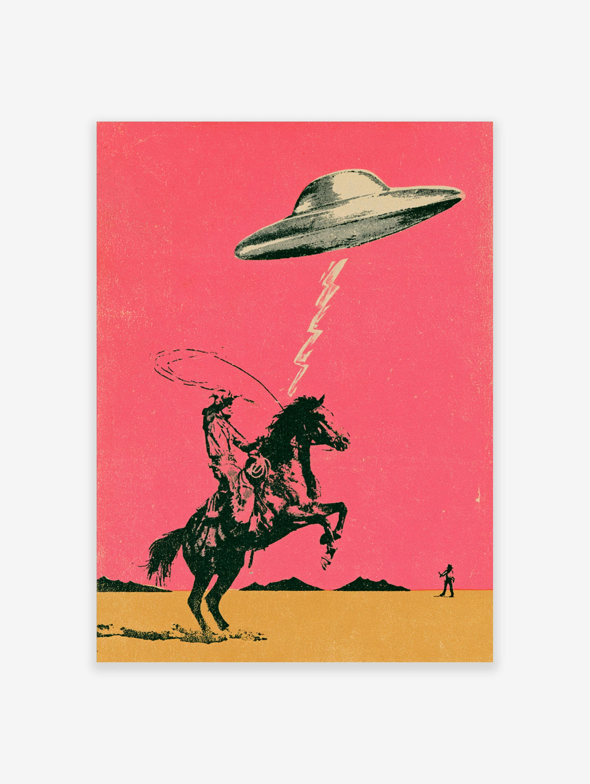 Retro cowboy on rearing horse lassoing a UFO with lightning bolt on pink desert art print
