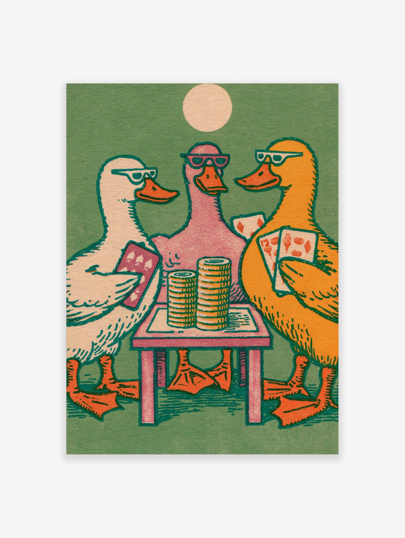 Retro duck wall art print of three ducks in sunglasses playing cards at a table with chips, green background, full moon