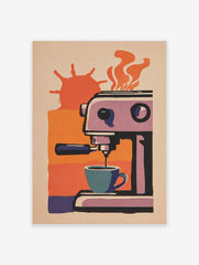 Illustrative retro espresso machine pouring coffee into a teal cup, orange and purple background