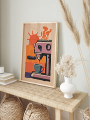Illustrative retro espresso machine pouring coffee into a teal cup, orange and purple, in an alternate framed mockup