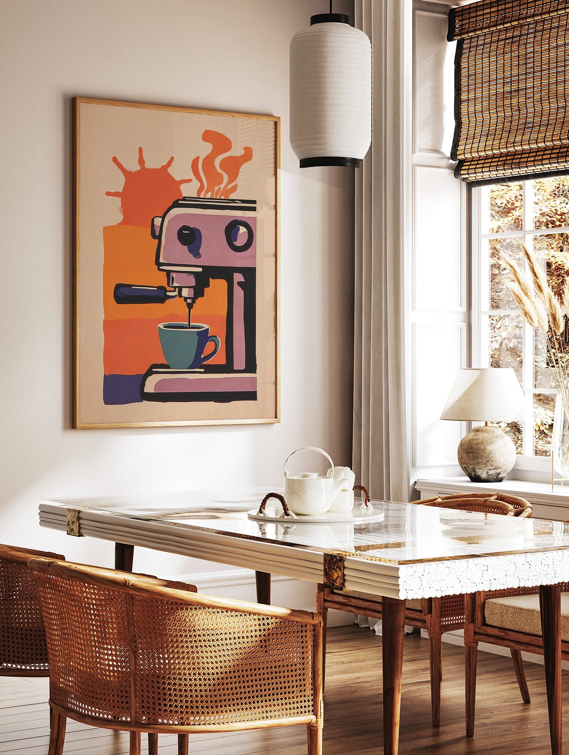 Illustrative retro espresso machine pouring coffee into a teal cup, orange and purple background, in a styled room mockup