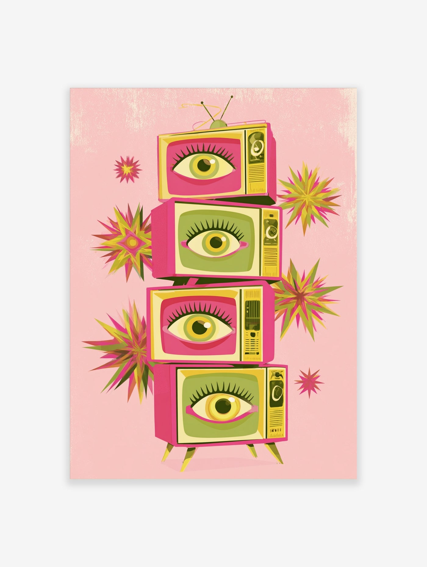 Retro illustration of a stack of four pink television sets with eyes on the screens and starbursts on a pink background