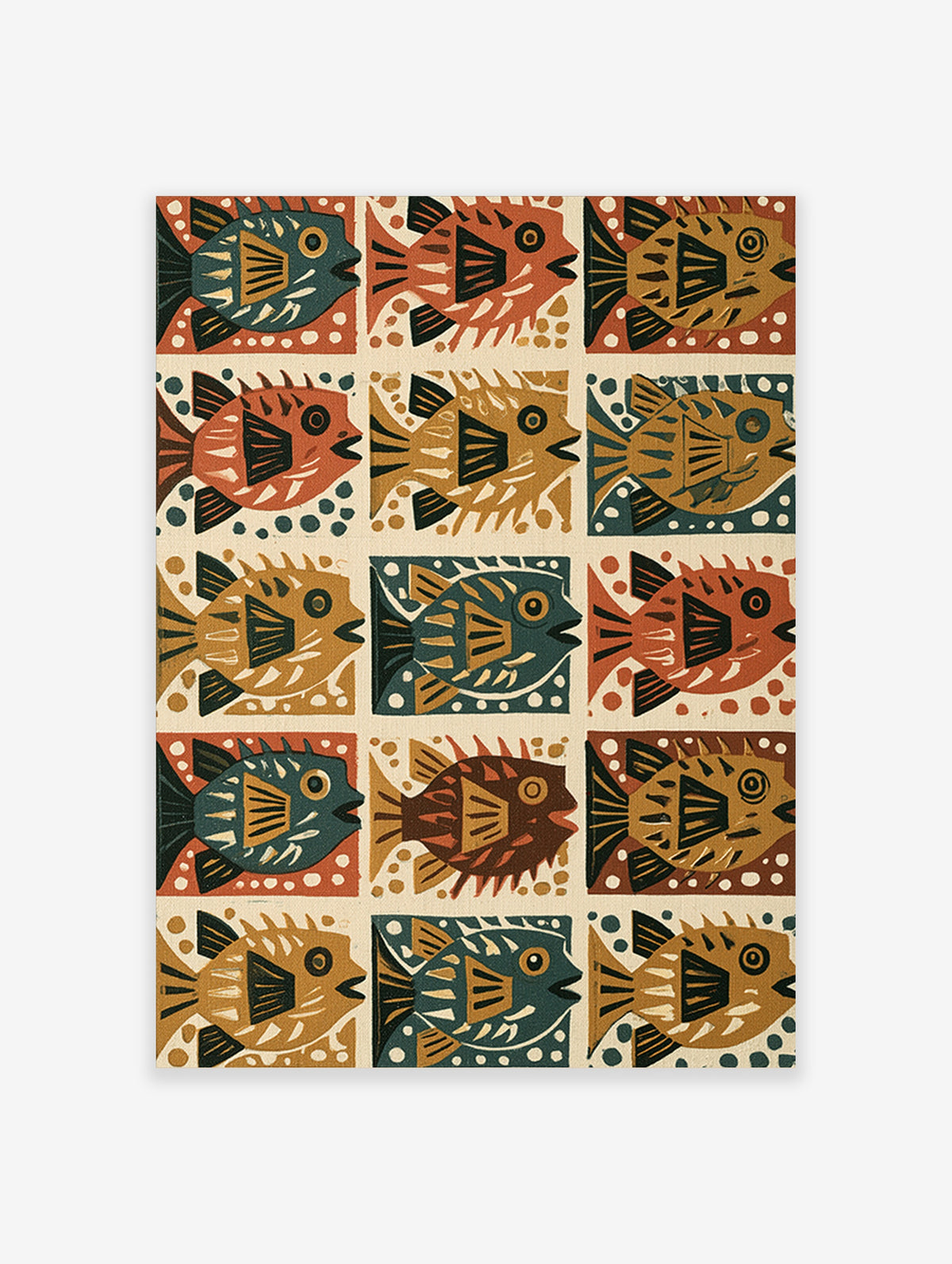 Retro fish wall art with teal, orange, mustard fish in grid, mid-century style, unframed paper print
