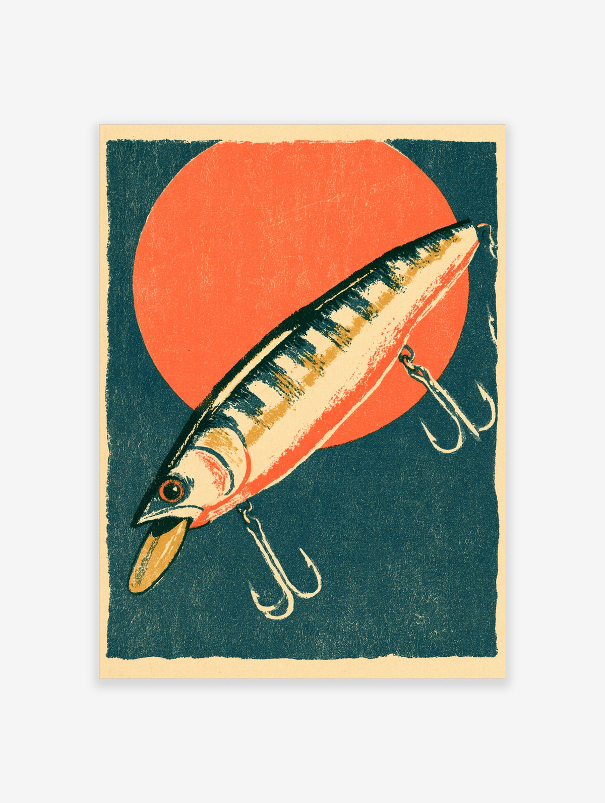 Retro fishing lure poster with striped crankbait, treble hooks and orange sun on teal background