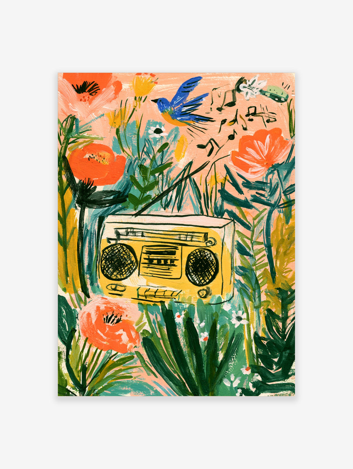 Retro floral art print with yellow radio, bluebird, musical notes, orange poppies, and green foliage on peach background