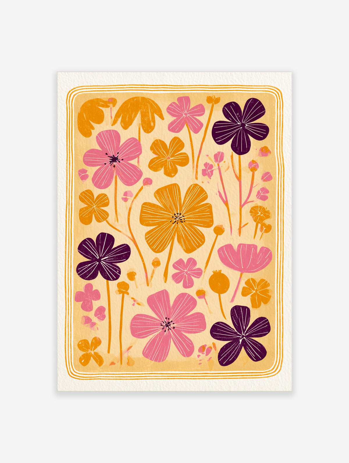 Retro floral art print with pink, orange and purple flowers on beige background