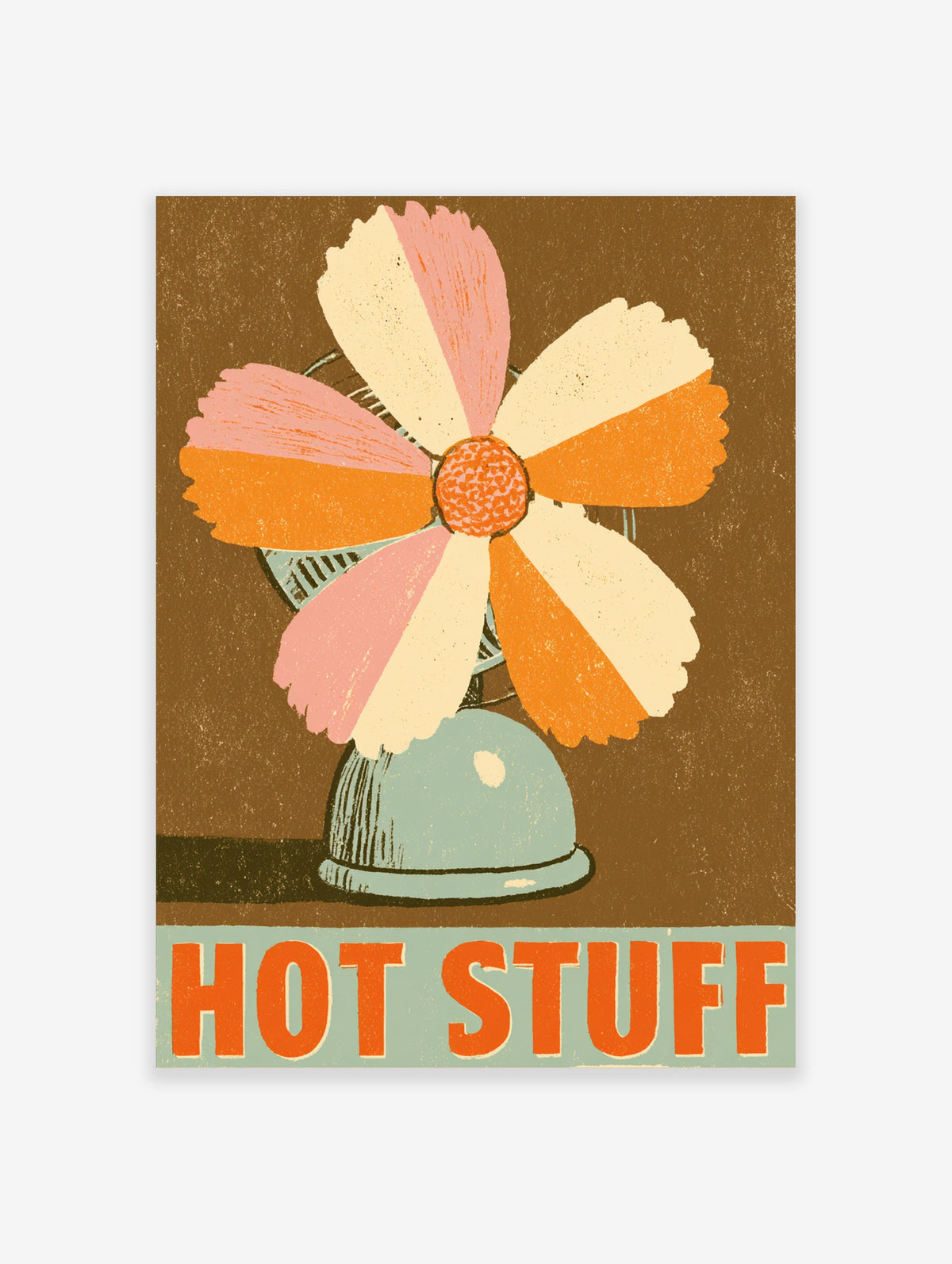 Retro flower fan print with pink, orange and cream blades and Hot Stuff typography on brown background