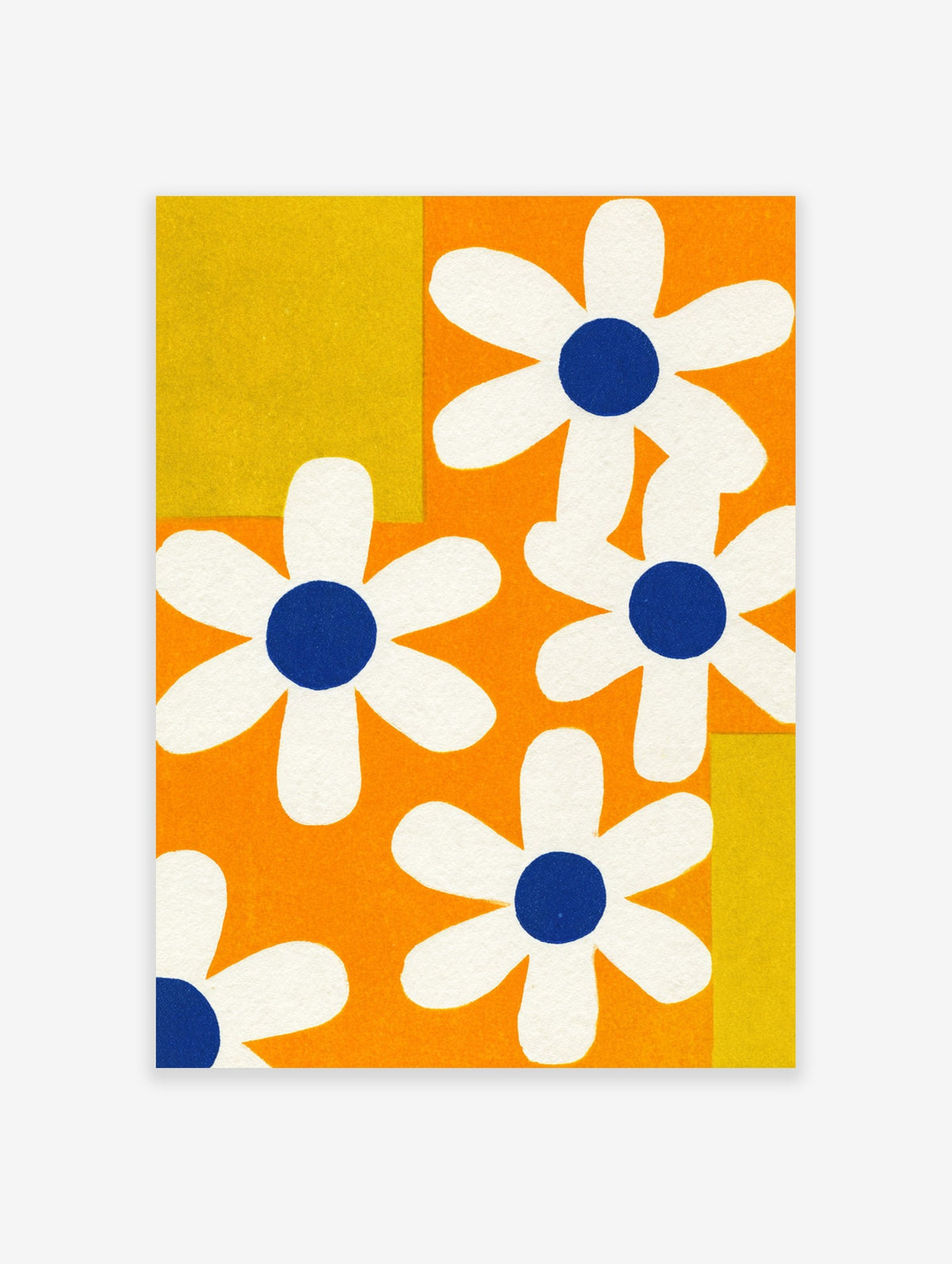 Retro flower poster with white daisy motifs and blue centres on a bold orange and yellow geometric background