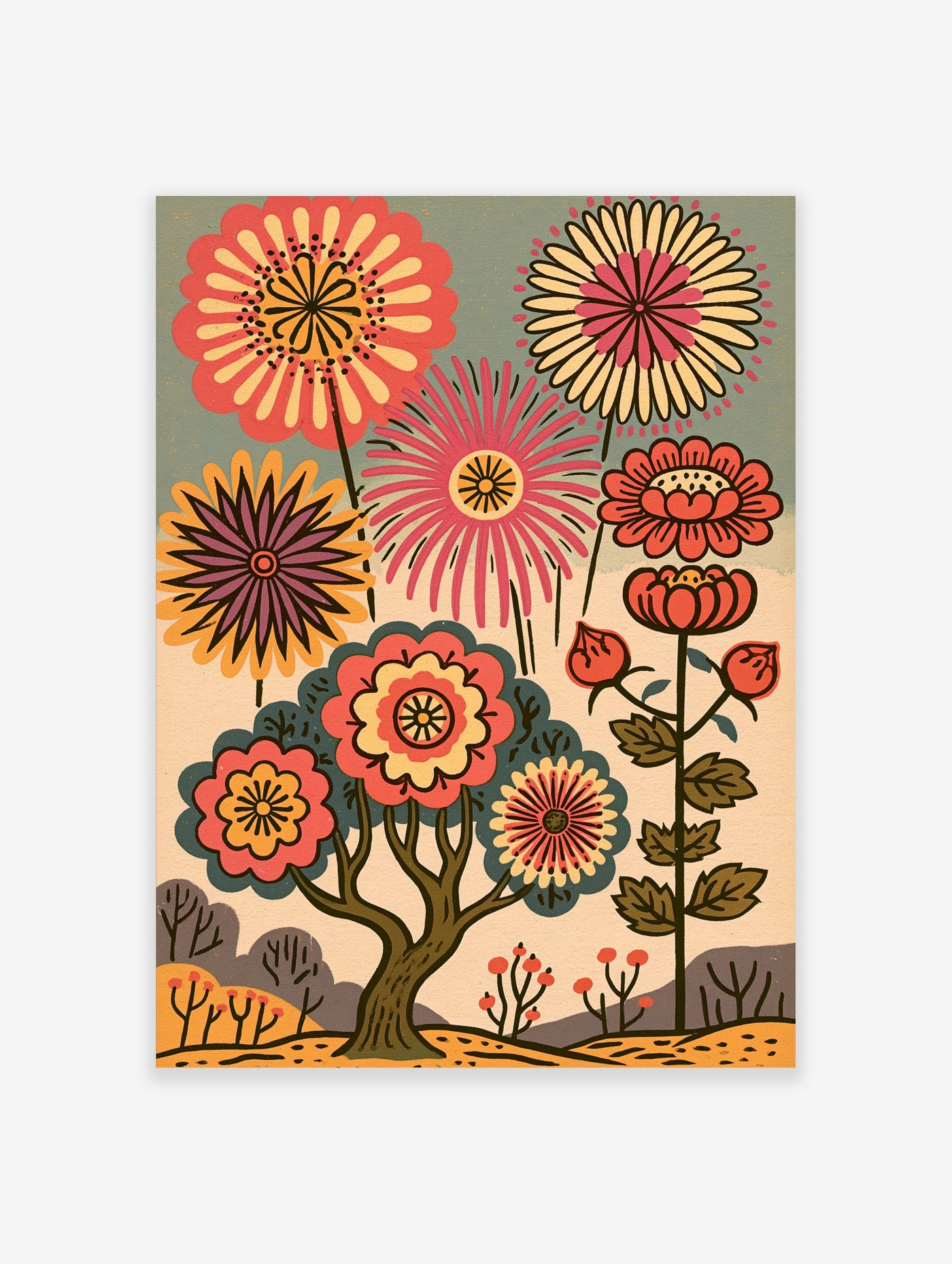 Retro flower wall art with pink, orange, yellow stylised blooms on beige background, botanical illustration print
